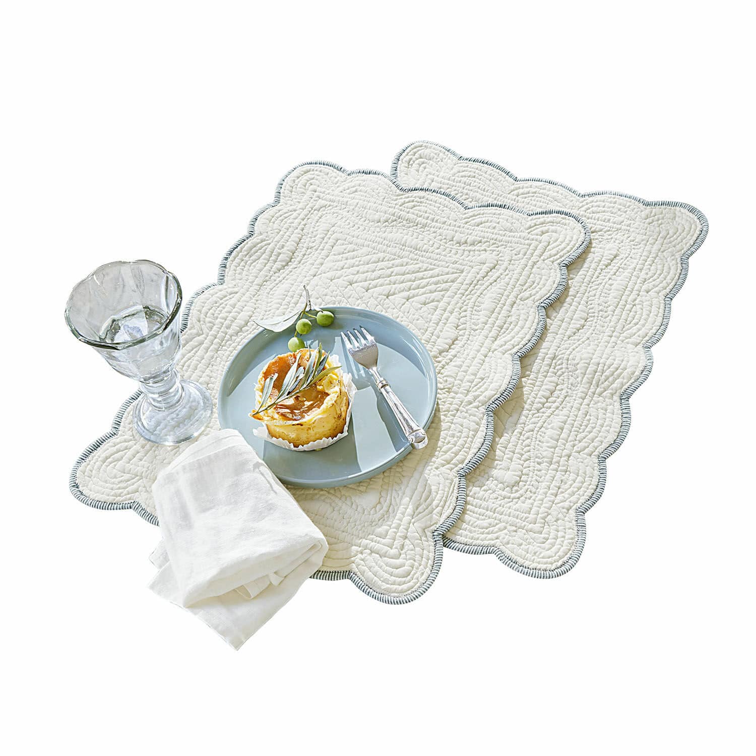 Platzset 2er Set Fontienne Set aus zwei cremefarbenen Baumwoll-Tischsets mit dekorativer Steppung und grauem Rand