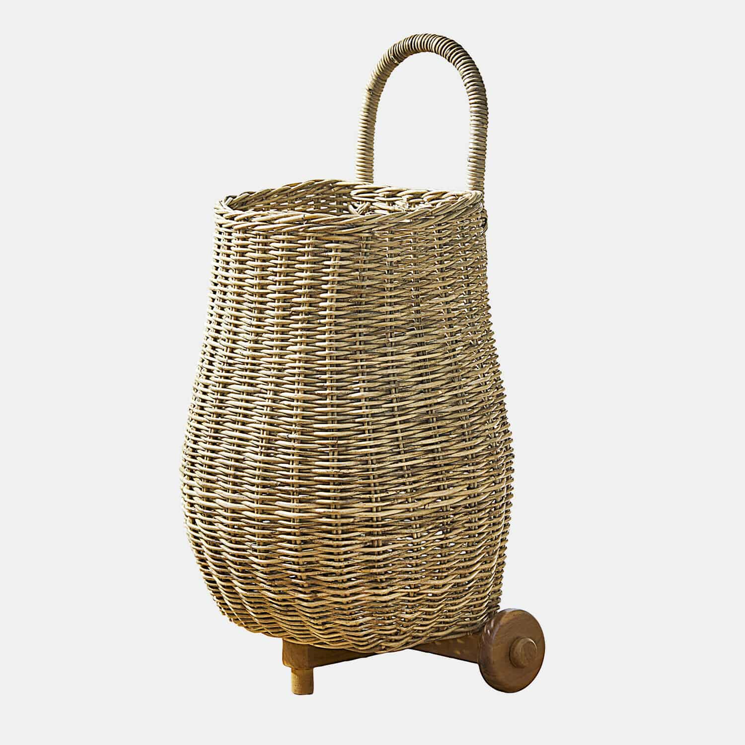 Kindertrolley Tinytreasure Natürlicher Korb aus Weide mit Holzgriff und Rollen, praktischer Aufbewahrungskorb in Beige