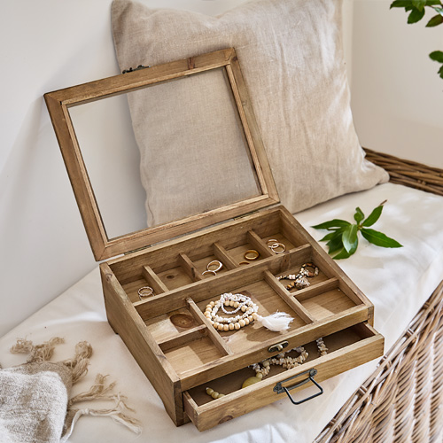 Holz-Schmuckkästchen mit Fächern und Schublade, naturfarbig, Organizer für Ringe und Armbänder