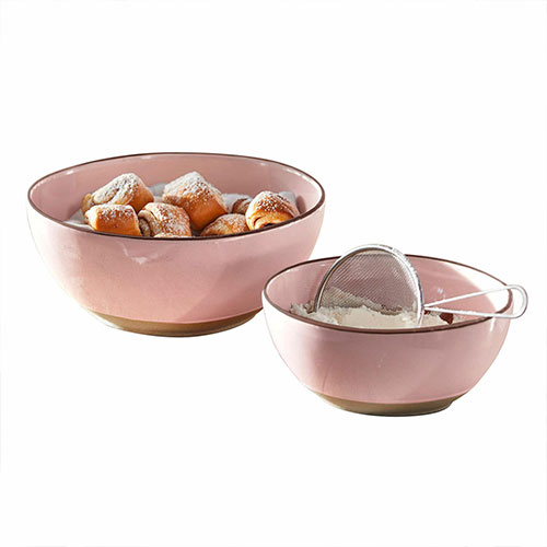 Set aus zwei rosa Keramikschüsseln mit Sieb, ideal zum Backen und Kochen