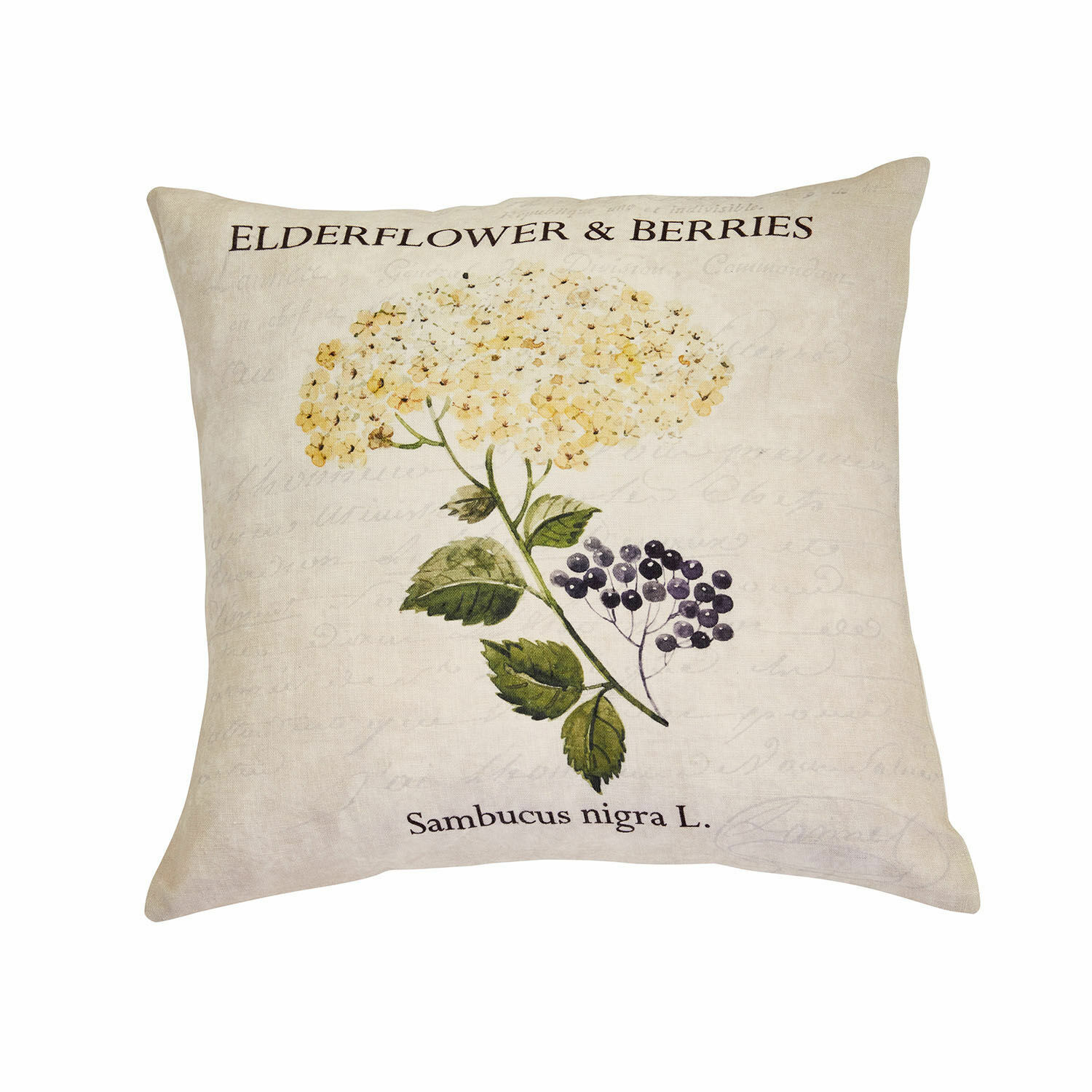Kissenhülle Sambucus Beige Leinenkissen mit Druck von Holunderblüten und Beeren, dekoratives Wohnaccessoire