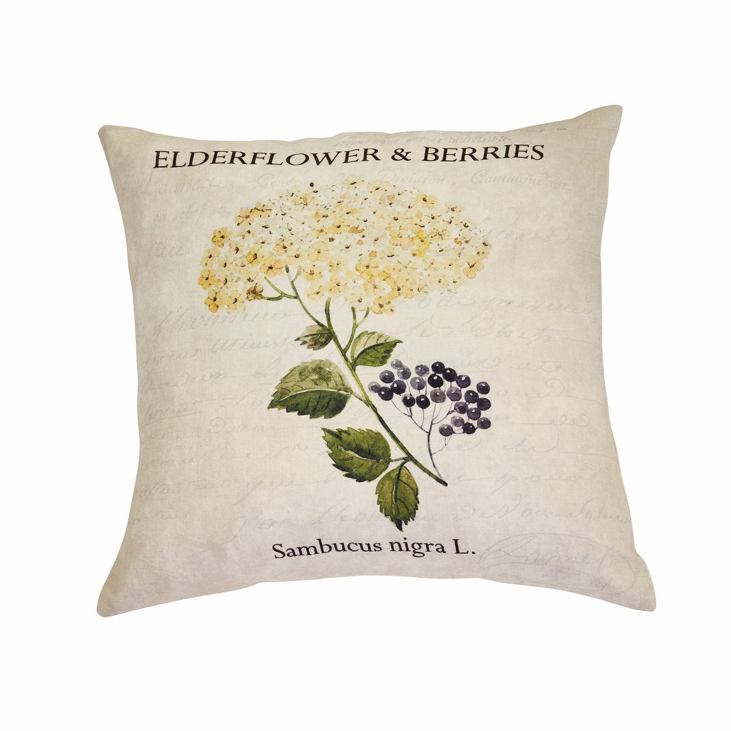 Kissenhülle Sambucus Beige Leinenkissen mit Druck von Holunderblüten und Beeren, dekoratives Wohnaccessoire