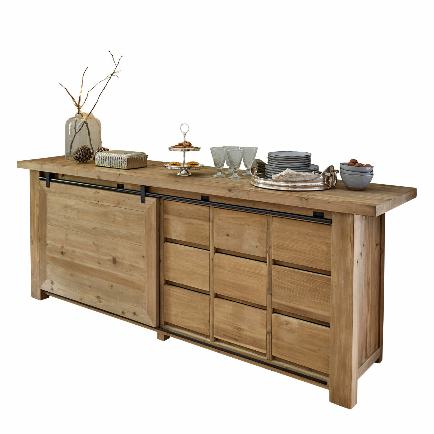 Kommode Orleans Kommode aus Holz mit Schiebetüren und Schubladen in Naturfarbe, Wohnzimmermöbel