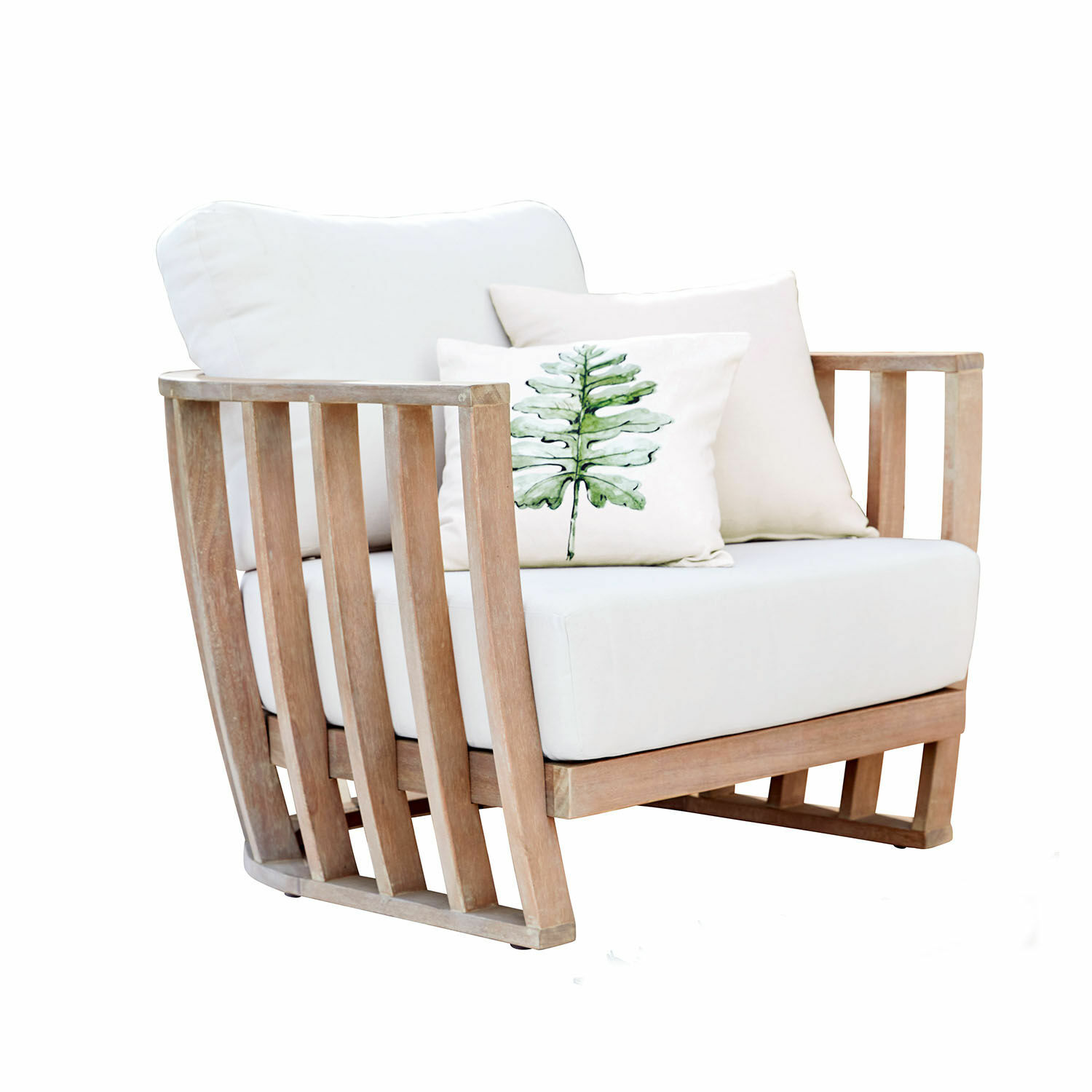 Sessel FSC®-100% Vézère Teakholz-Sessel mit weißer Polsterung und Kissen, moderner bequemer Wohnzimmersessel