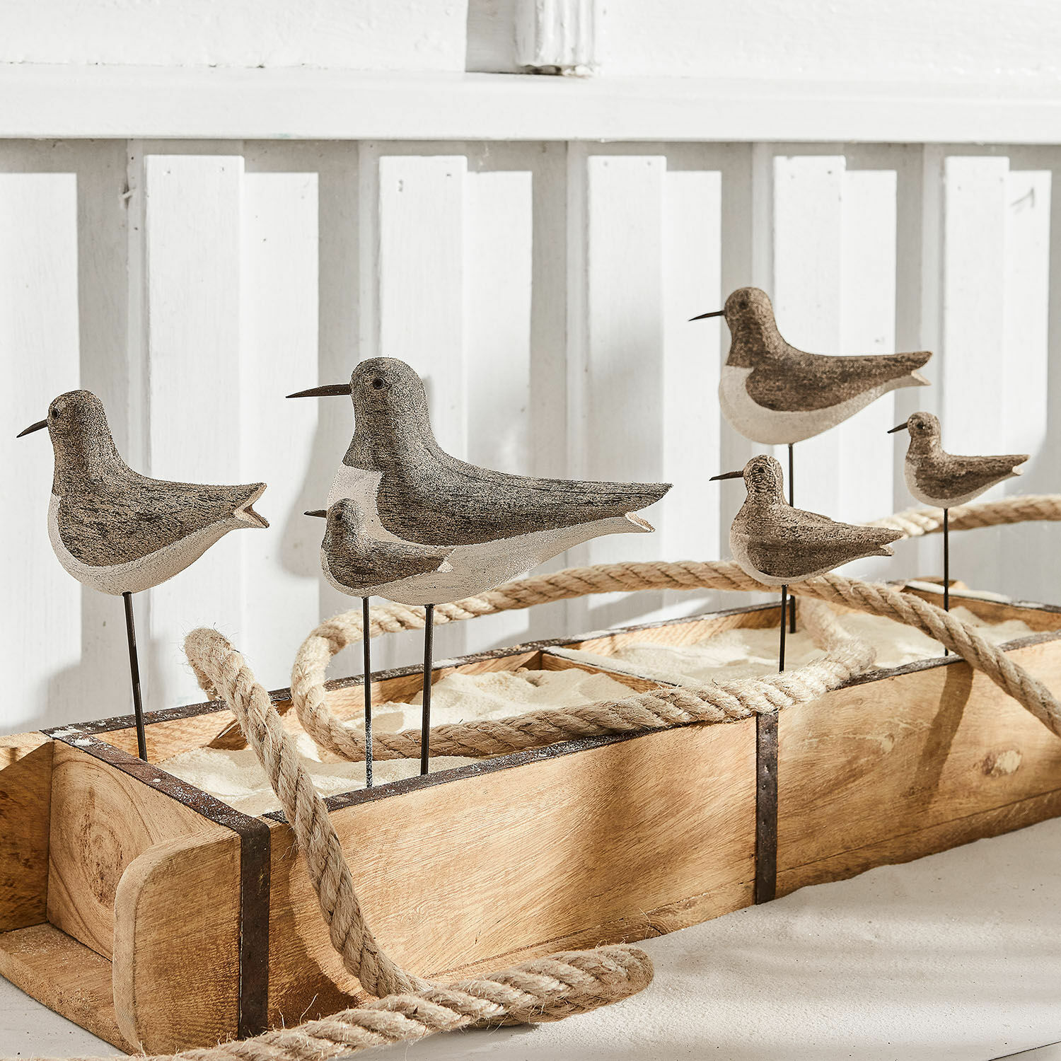 Deko-Vogel 3er Set Izzy Dekorative Vögel aus Holz und Metall in Naturfarben auf Holzsockel mit Sandfüllung