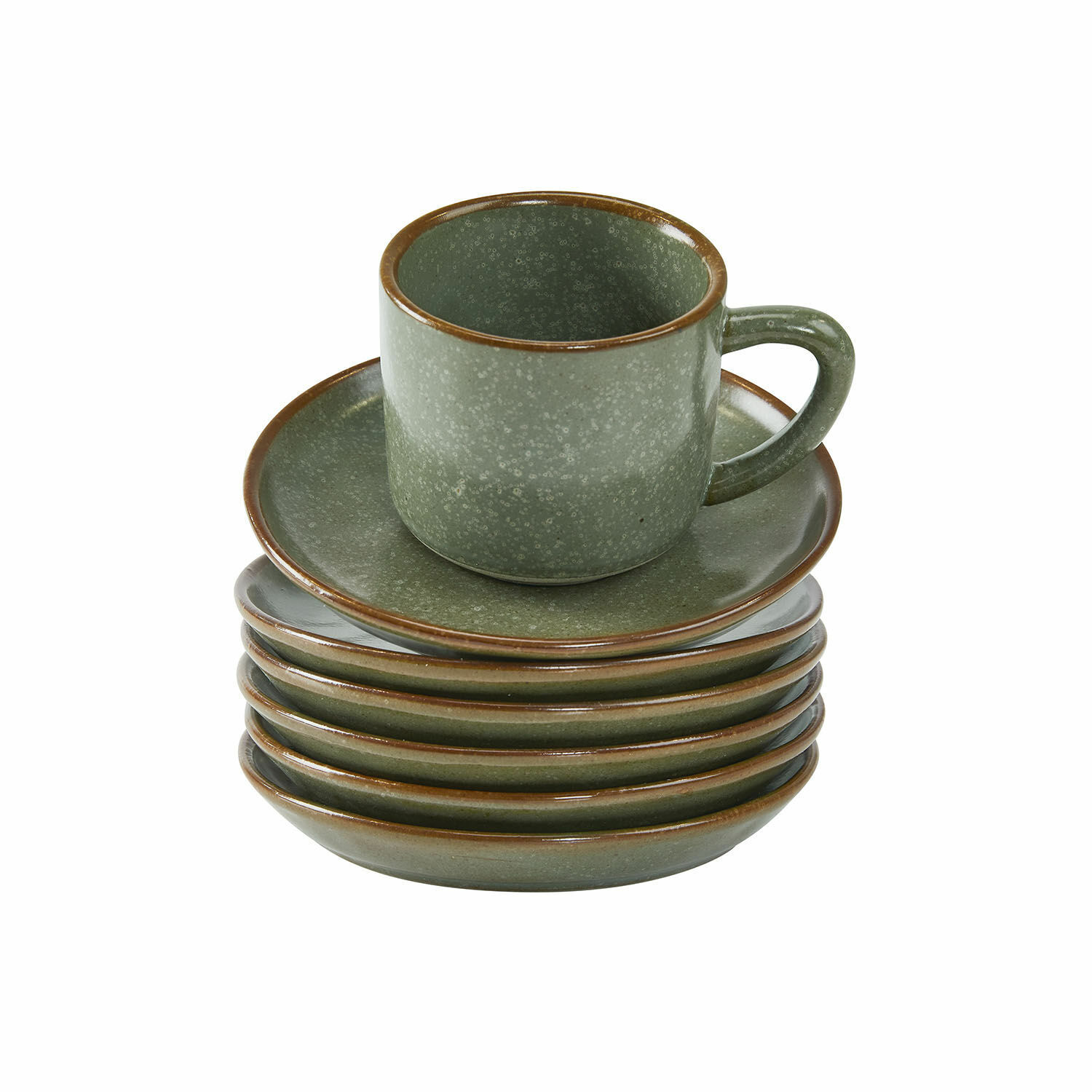 Tasse mit Untertasse 6er Set Biarré Set aus grünen Keramiktassen und Untertassen mit braunem Rand für Kaffee und Tee
