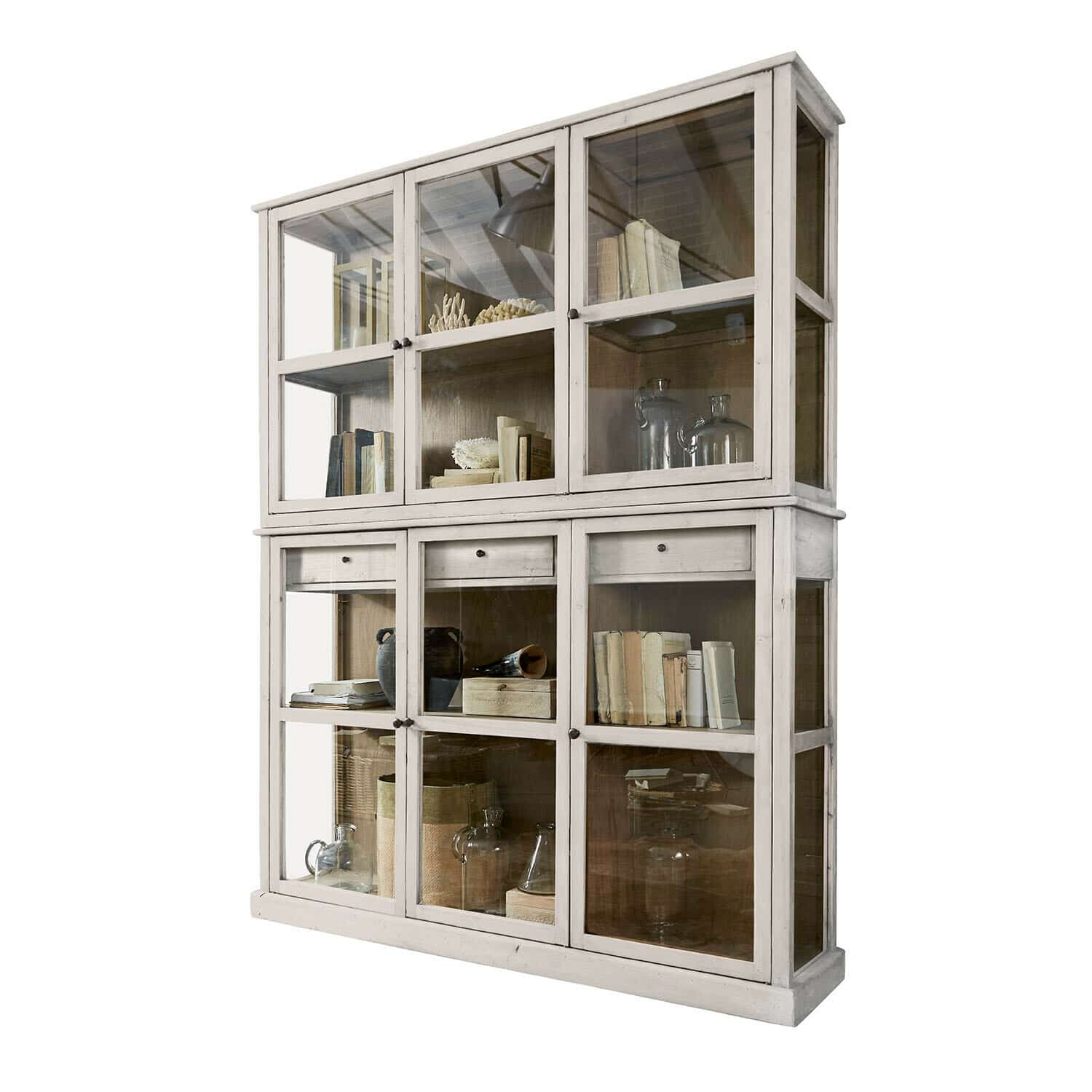 Antikweißer Holzschrank Blaise mit Glastüren und Regalen für Bücher und Dekorationen