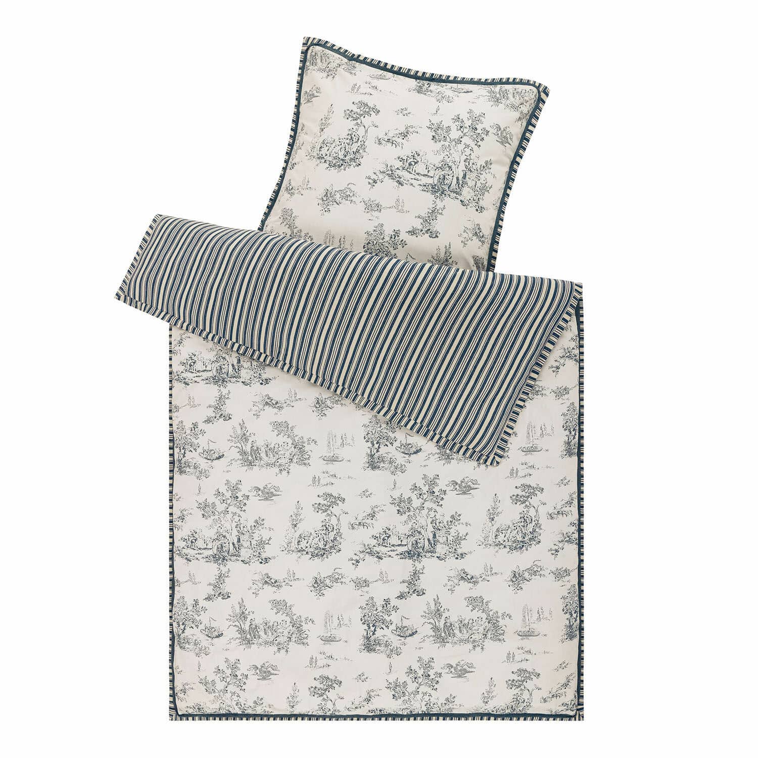 Bettwäsche-Set aus Baumwolle mit blau-weißem Landschaftsmotiv und Streifen, dekoratives Schlafzimmer-Set