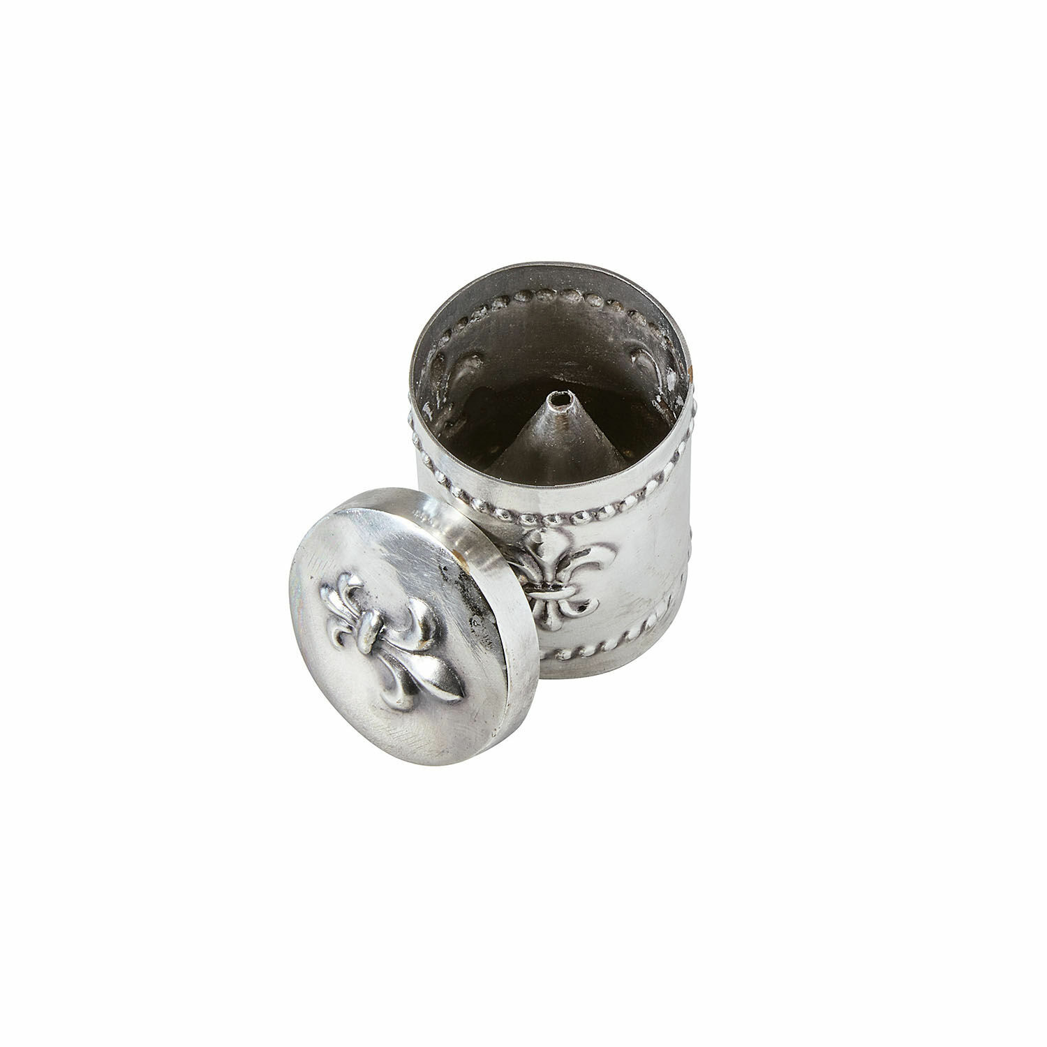 Kerzenanspitzer Fleur De Lys Silberner Metallbehälter mit Deckel und Lilienornament, dekoratives Tischaccessoire