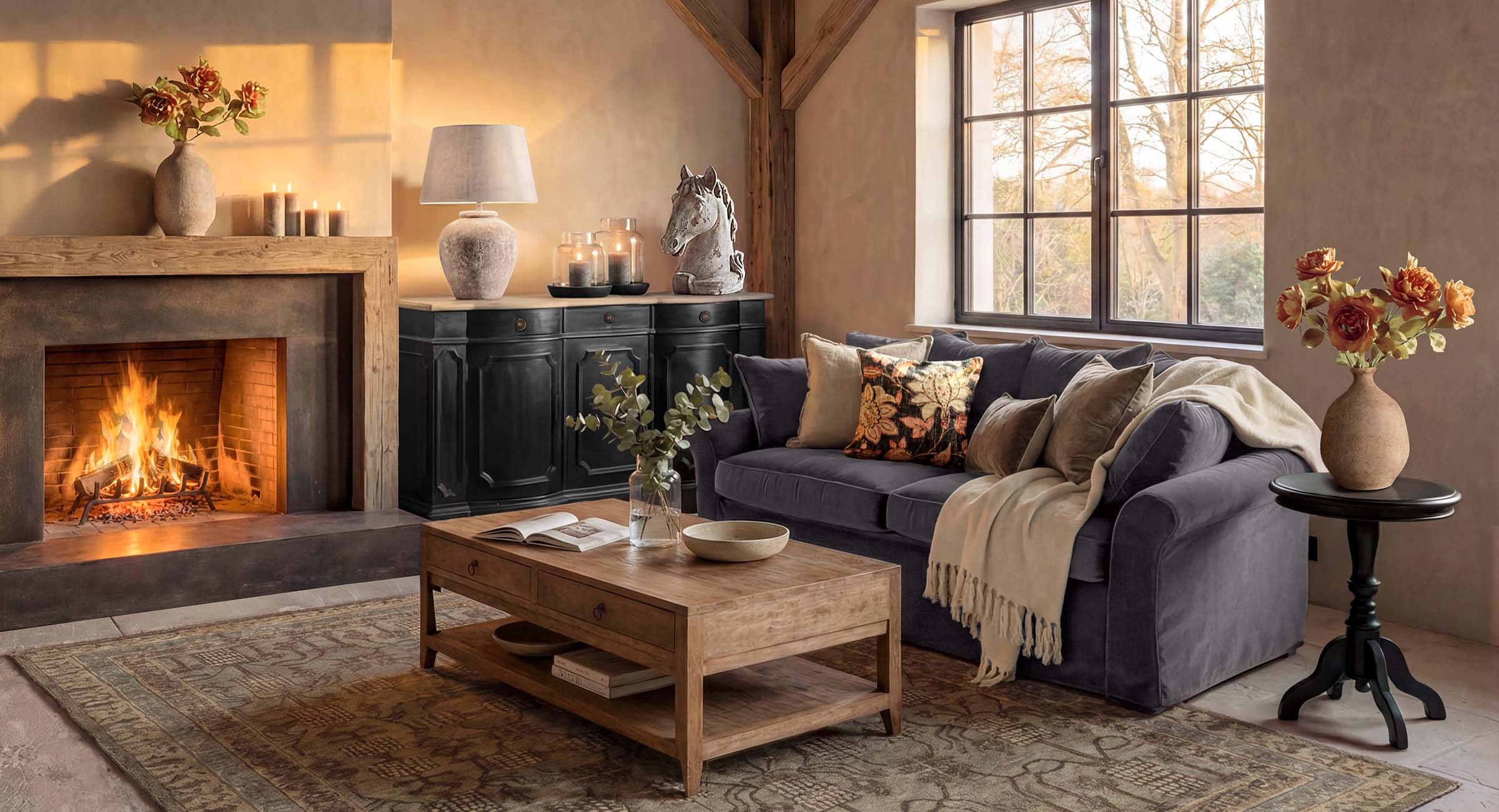 Gemütliches Wohnzimmer mit Kamin, Holztisch, grauem Sofa und Dekorationen aus Blumen und Kerzen