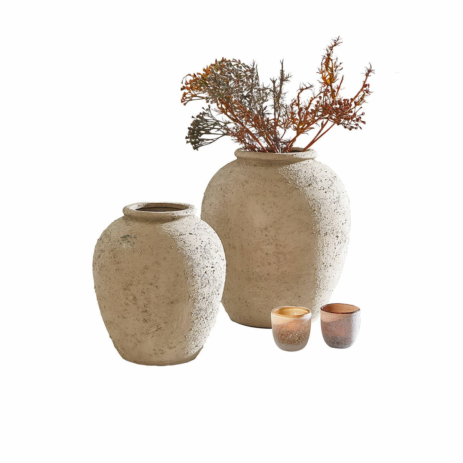 Vase 2er Set Zaviro Set aus zwei beigen, strukturierten Keramikvasen mit zwei kleinen dekorativen Teelichthaltern