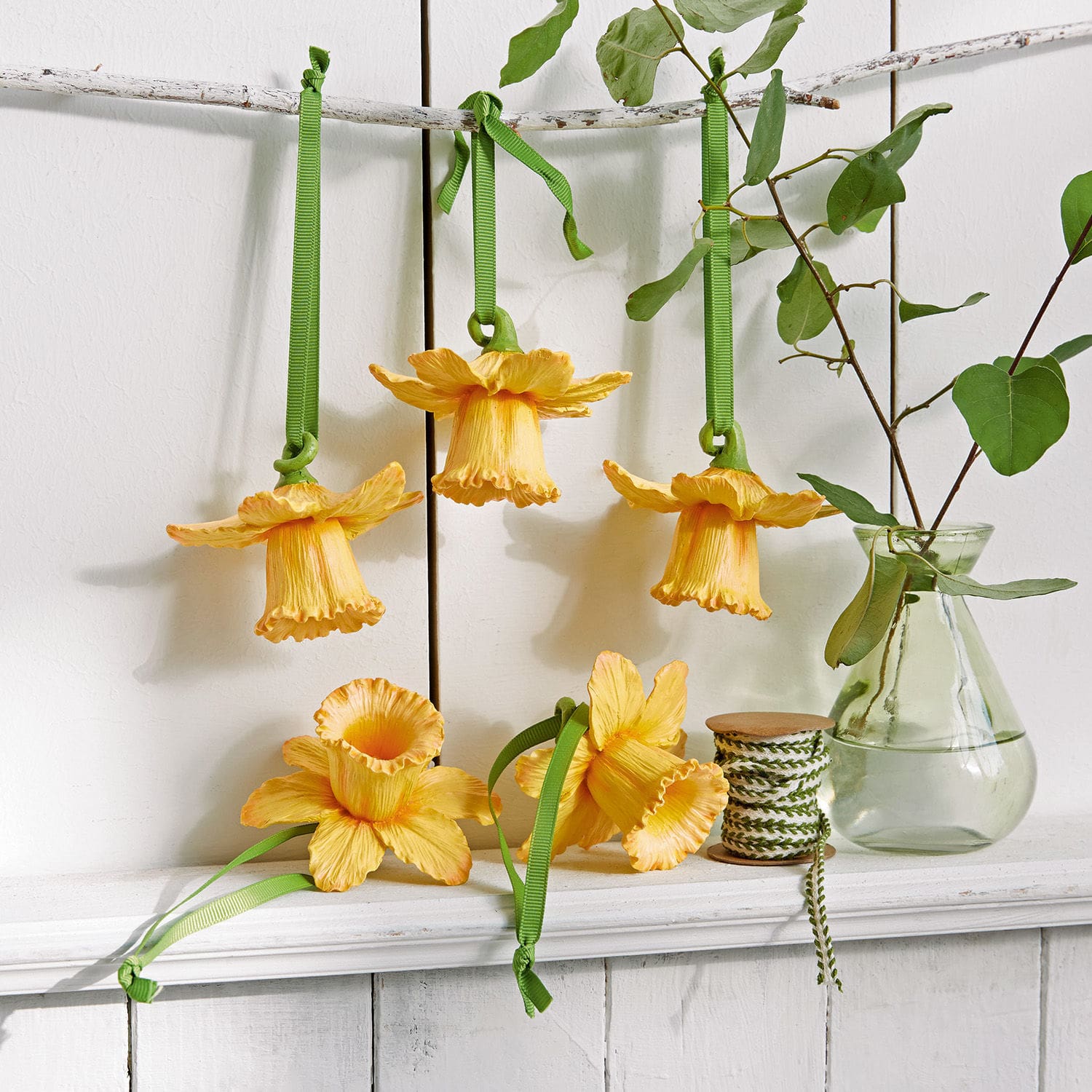 Anhänger 5er Set Lozere Gelbe dekorative Stoffblumen mit grünen Bändern zum Aufhängen, frühlingshafte Deko