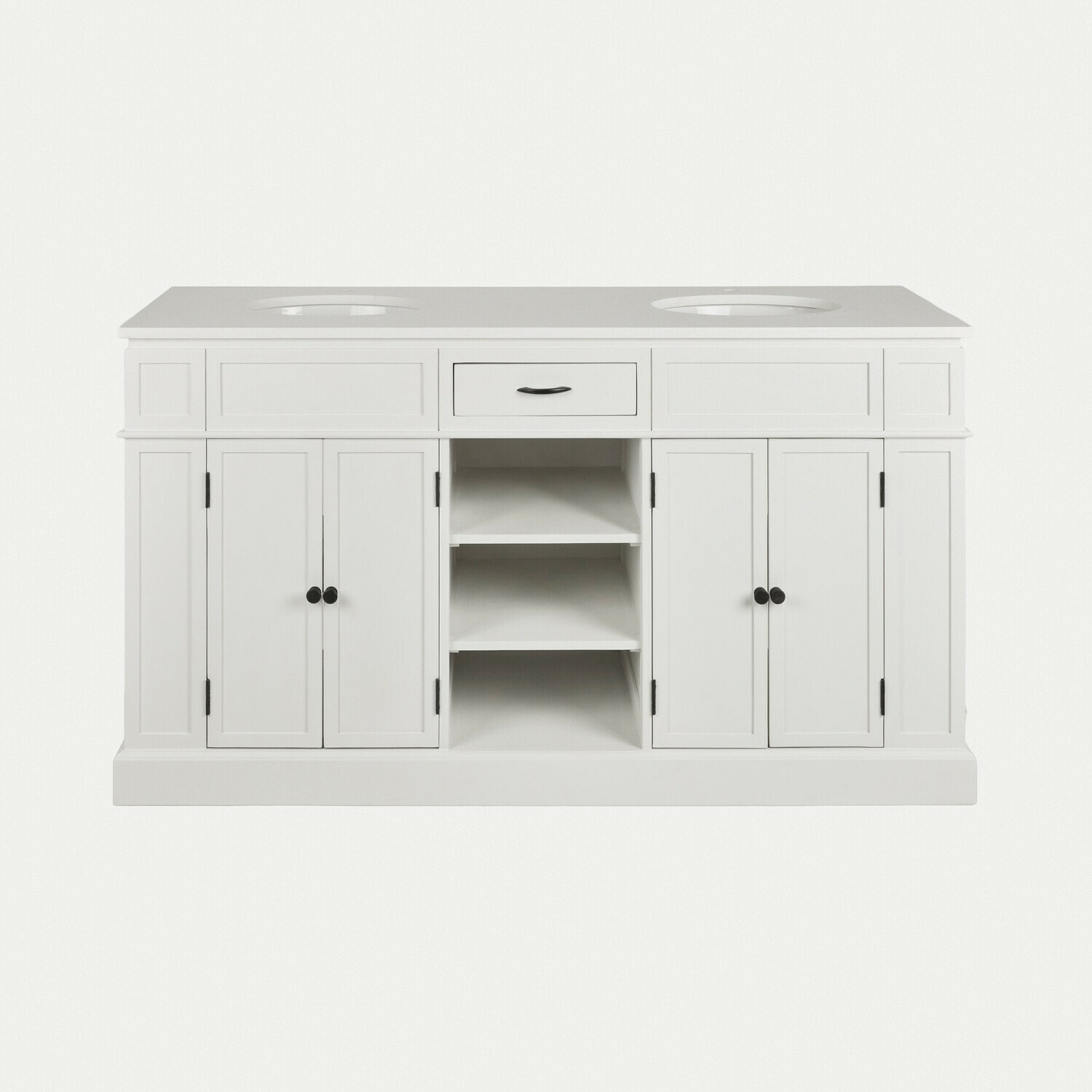 Weißer Badezimmerschrank mit zwei Aussparungen für Waschbecken und schwarzen Griffen, Stauraum
