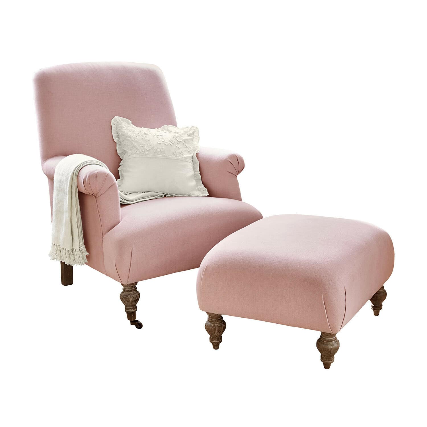 Sessel mit Hocker Rose de Lumière Rosa Sessel mit Hocker aus Stoff und weißen Zierkissen auf gedrechselten Holzbeinen