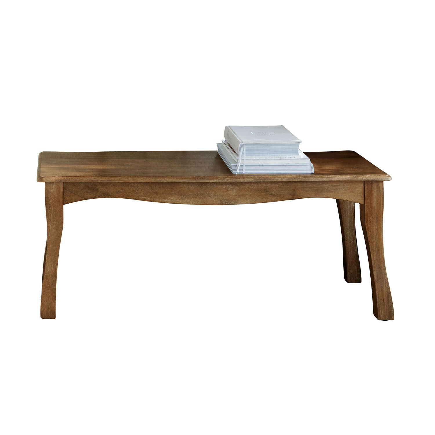 Holz-Couchtisch in natürlichem Braun mit Büchern auf der Oberfläche, Wohnzimmermöbel