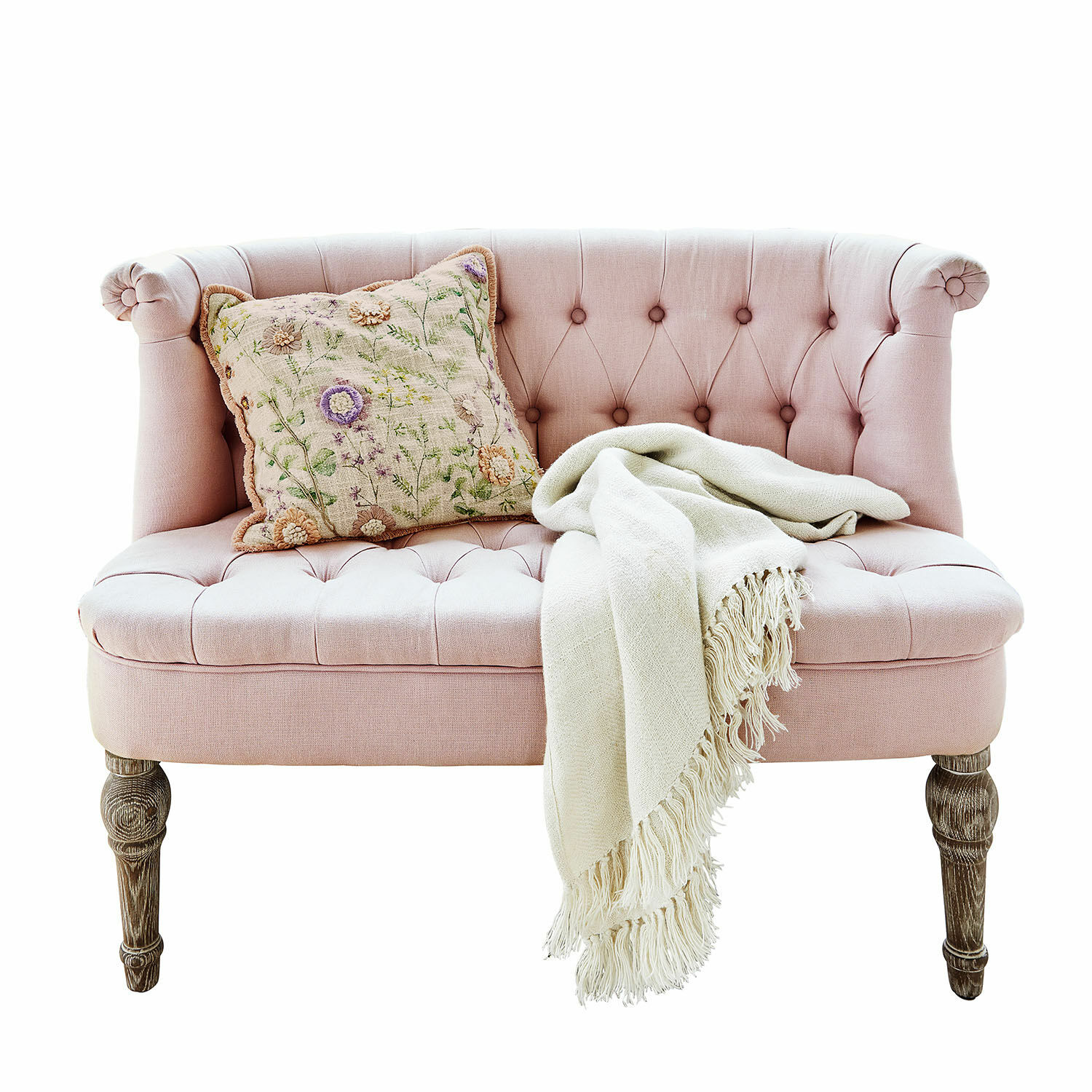Sofa Weralin Rosa gepolstertes Sofa mit Holzbeinen, dekorativem Kissen und cremefarbenem Fransenplaid