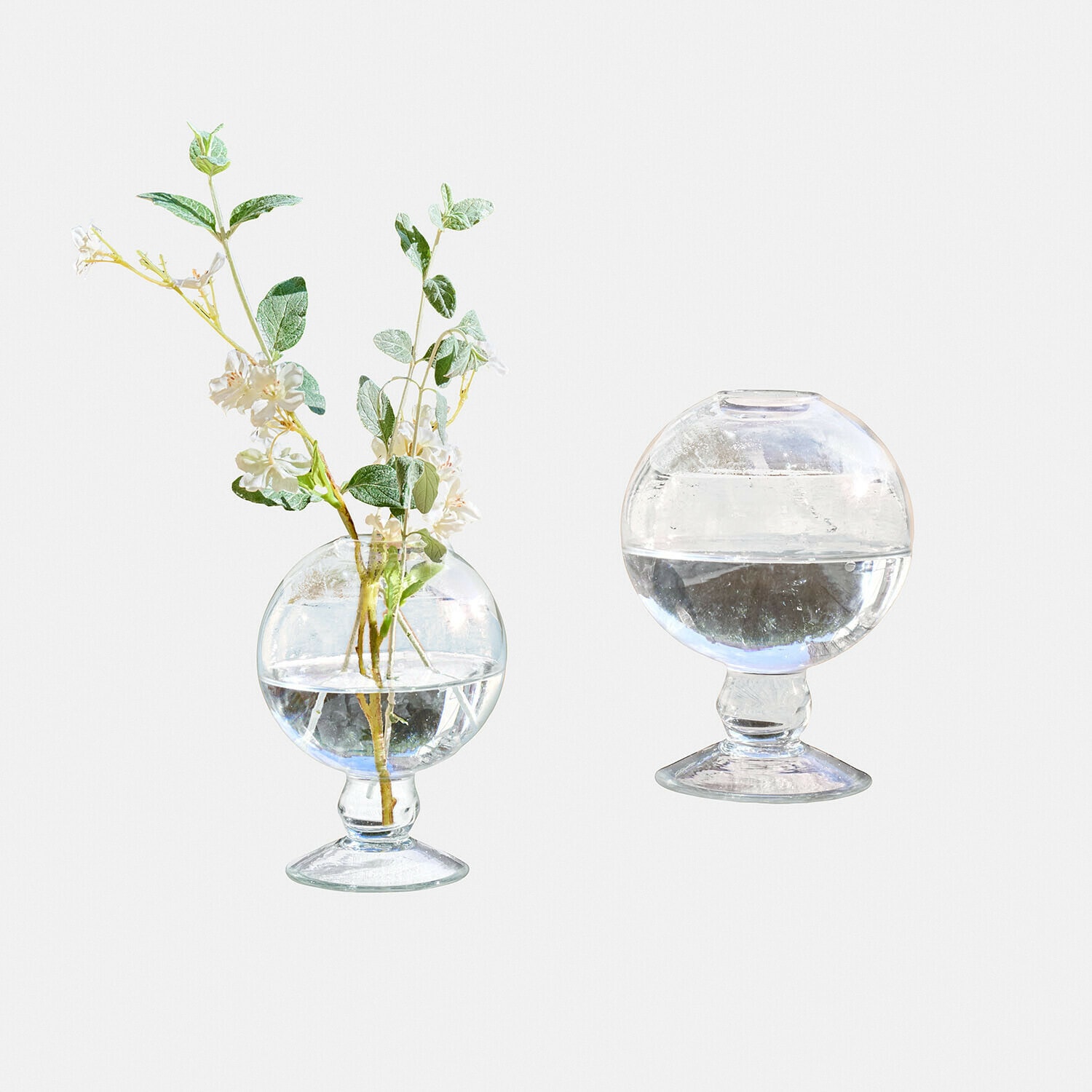 Vase 2er Set Novalio Runder transparenter Glasvase auf Fuß mit Wasser und weißen Blumen zur Wohnraumdekoration