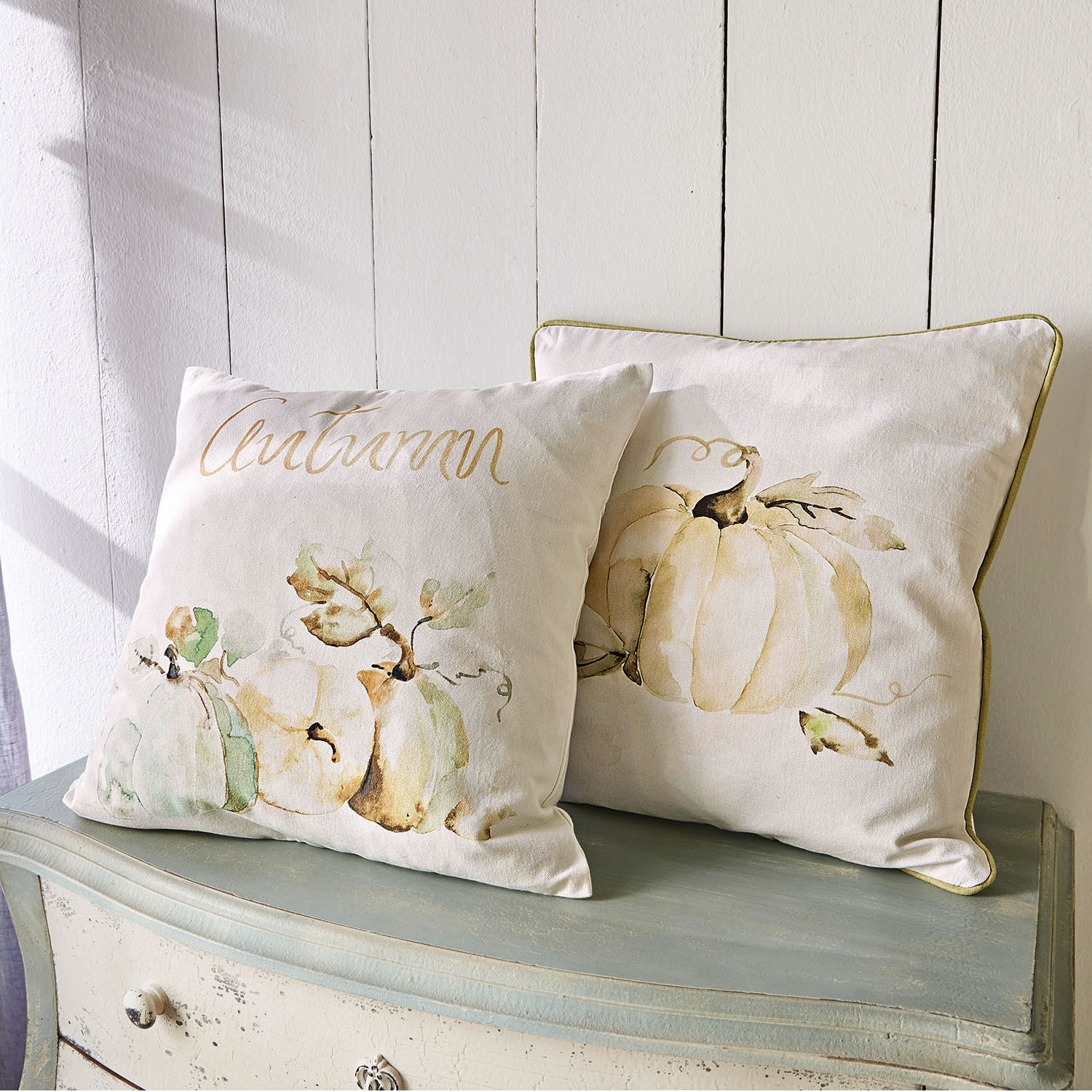 Kissenhülle 2er Set Laubard Dekorative Baumwollkissen in Creme mit Kürbis-Motiv und Schriftzug autumn für Herbstdeko