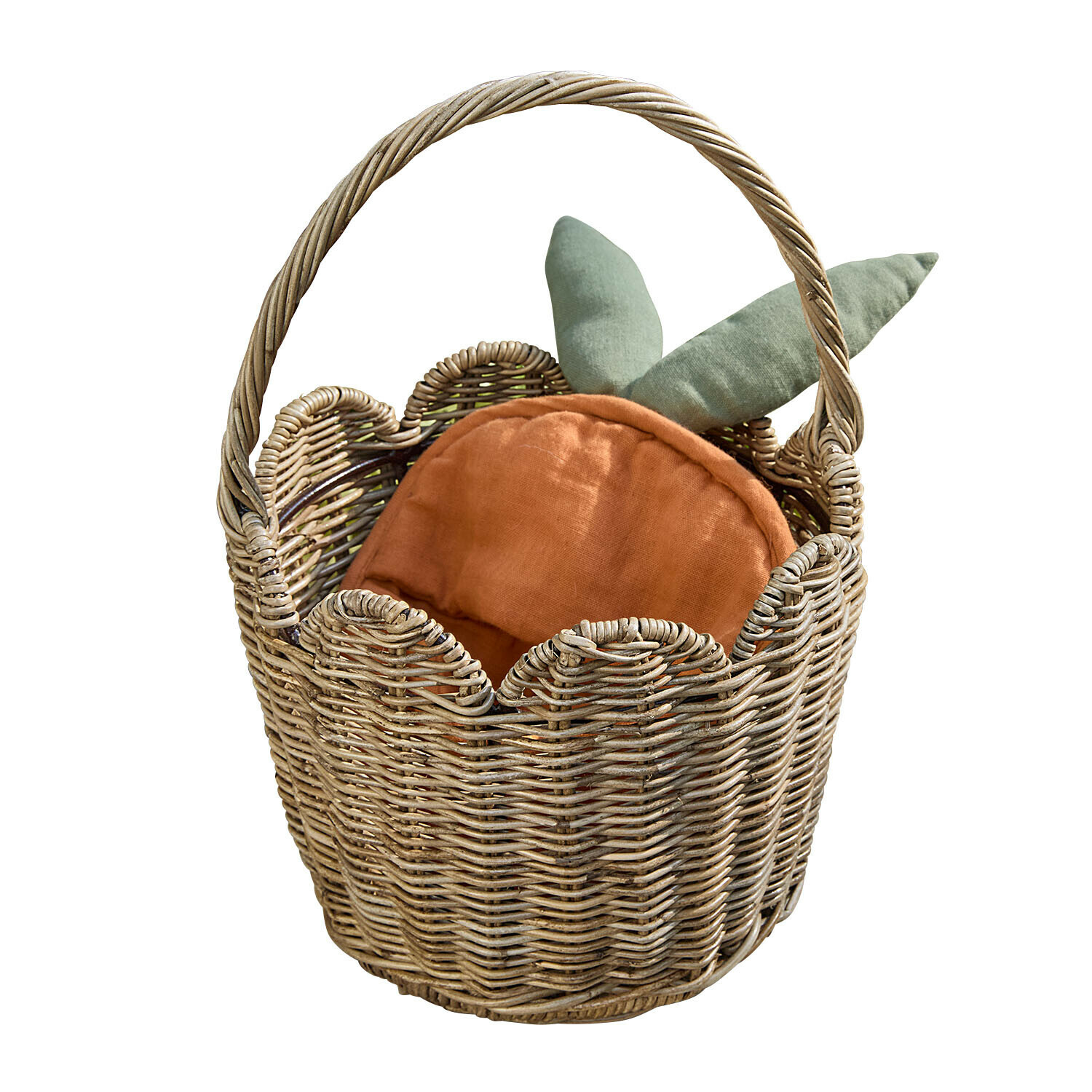 Wikingerkorb mit Henkel und Karottenkissen in Orange und Grün aus Stoff