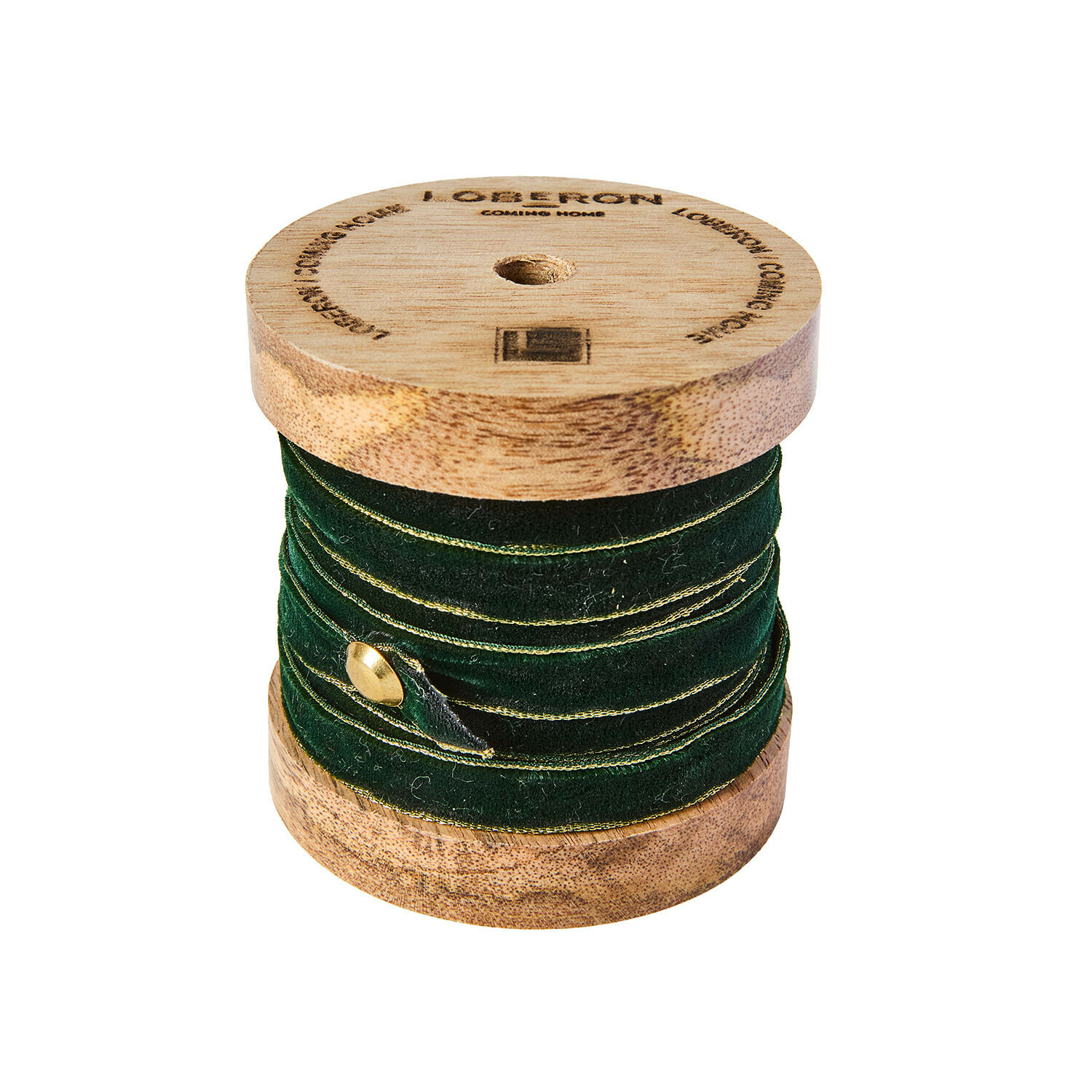Dunkelgrünes Samtband Sorima mit goldener Kante auf Holzspule für Dekoration und Basteln
