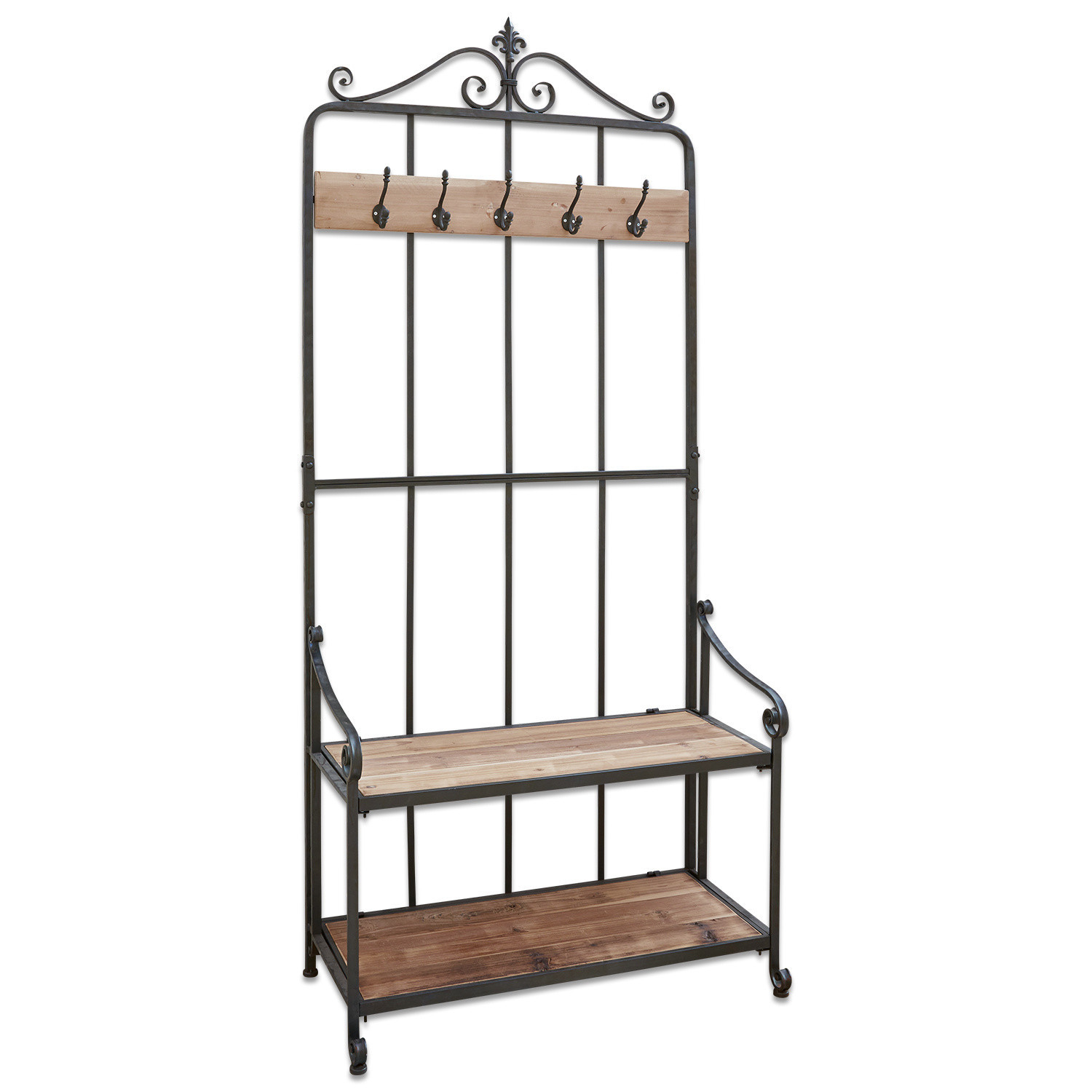 Garderobe Sussy Schwarze Metallgarderobe mit naturfarbenen Holzablagen und Haken für den Flur
