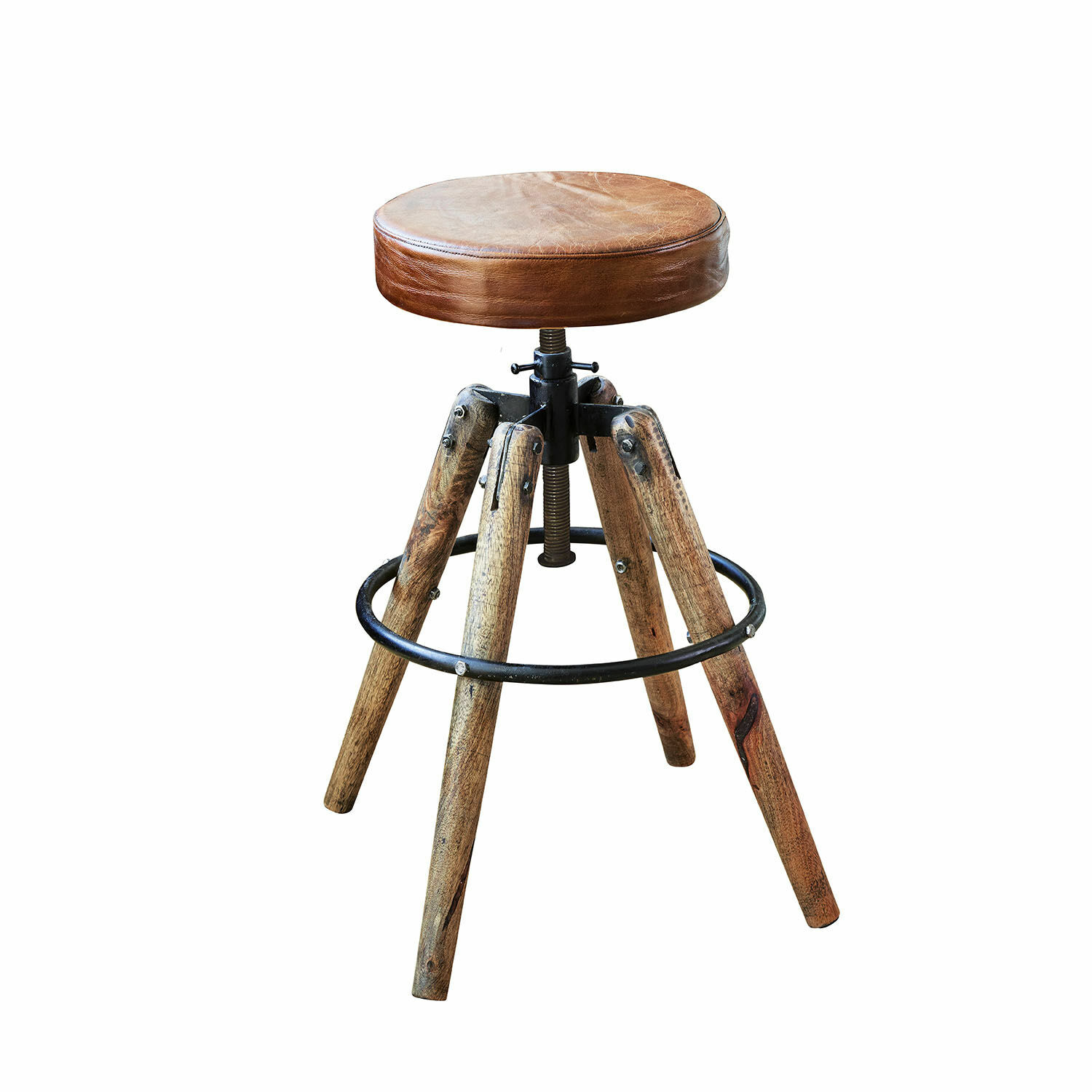 braun Hocker Twist mit braunem Lederpolster und Holzbeinen mit schwarzem Metallring