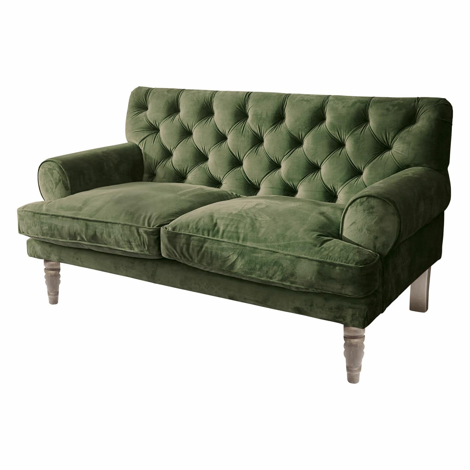 Sofa Carme Grünes Samtsofa mit gesteppter Rückenlehne und Holzbeinen für stilvolles Wohnzimmer