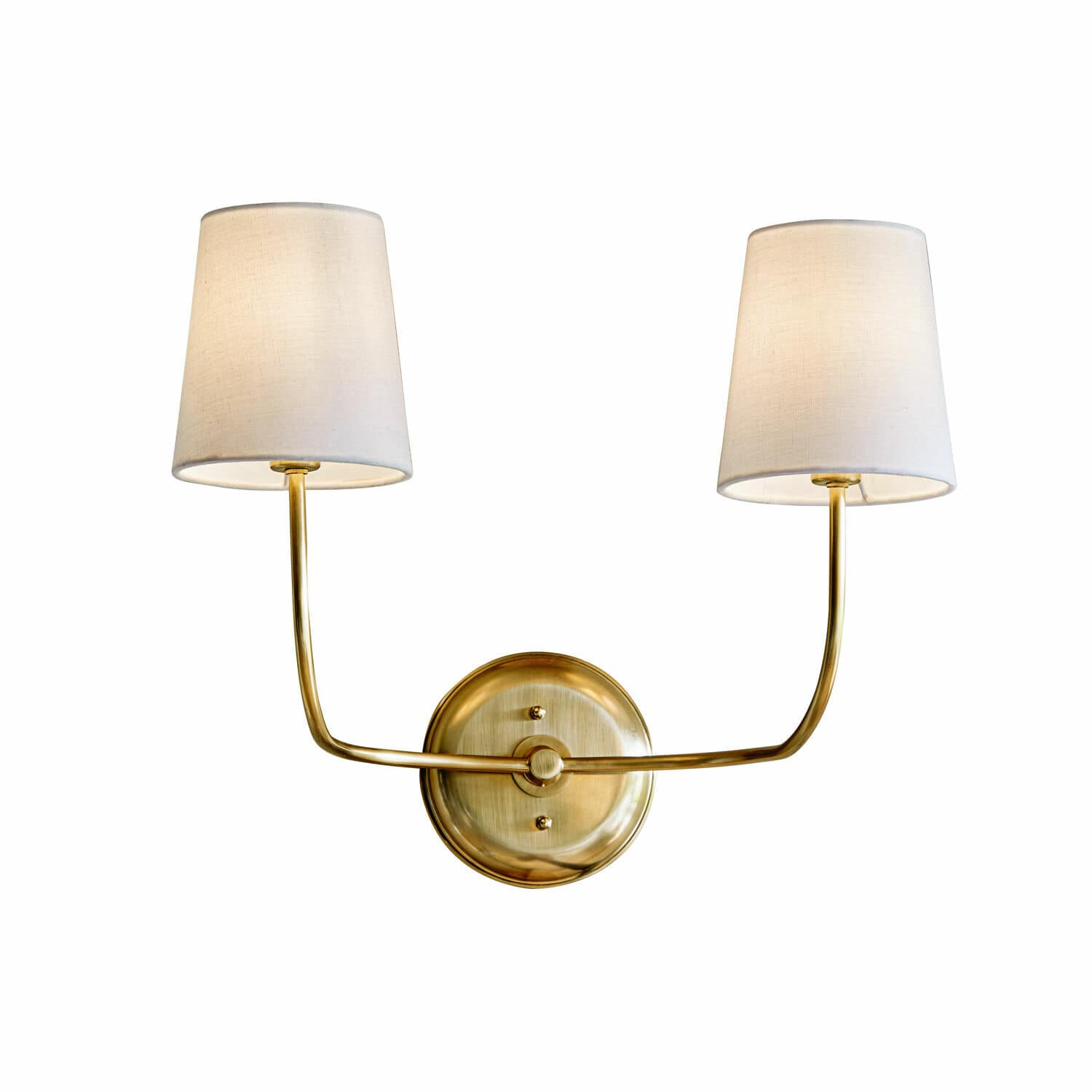 Wandlampe Plainfield Doppel-Wandleuchte aus Messing mit weißen Stofflampenschirmen für stilvolle Wandbeleuchtung