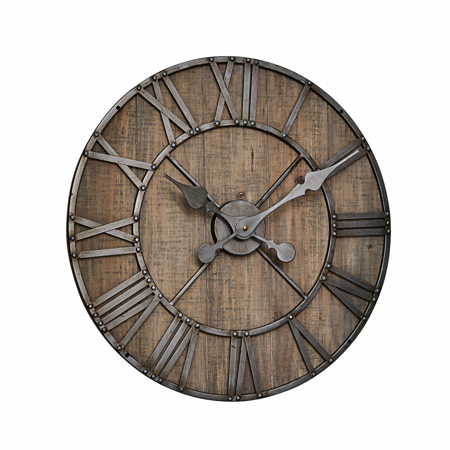 Uhr Caldwell Große Wanduhr aus Holz und Metall im Vintage-Stil mit römischen Ziffern und schwarzen Zeigern