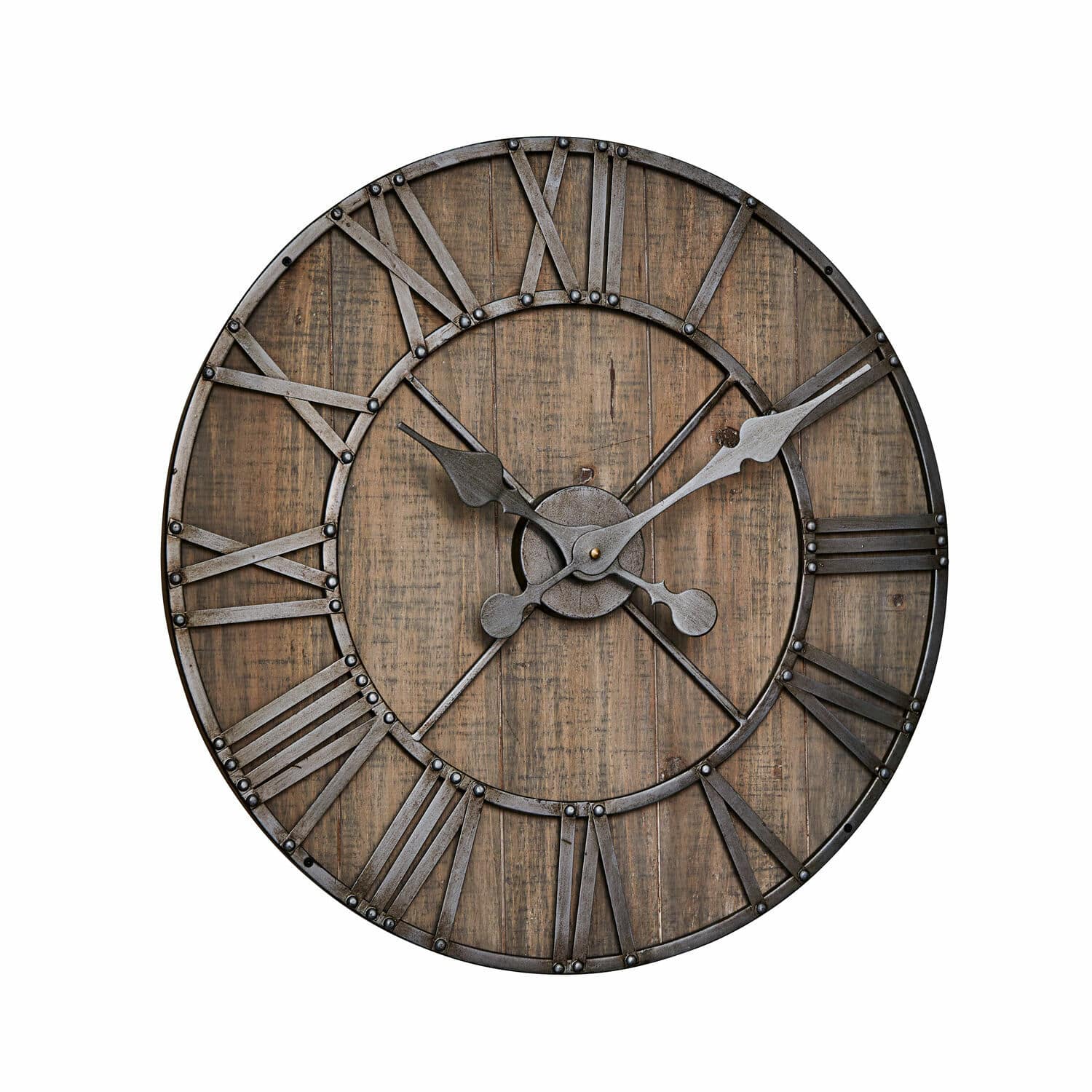 Uhr Caldwell Große Wanduhr aus Holz und Metall im Vintage-Stil mit römischen Ziffern und schwarzen Zeigern