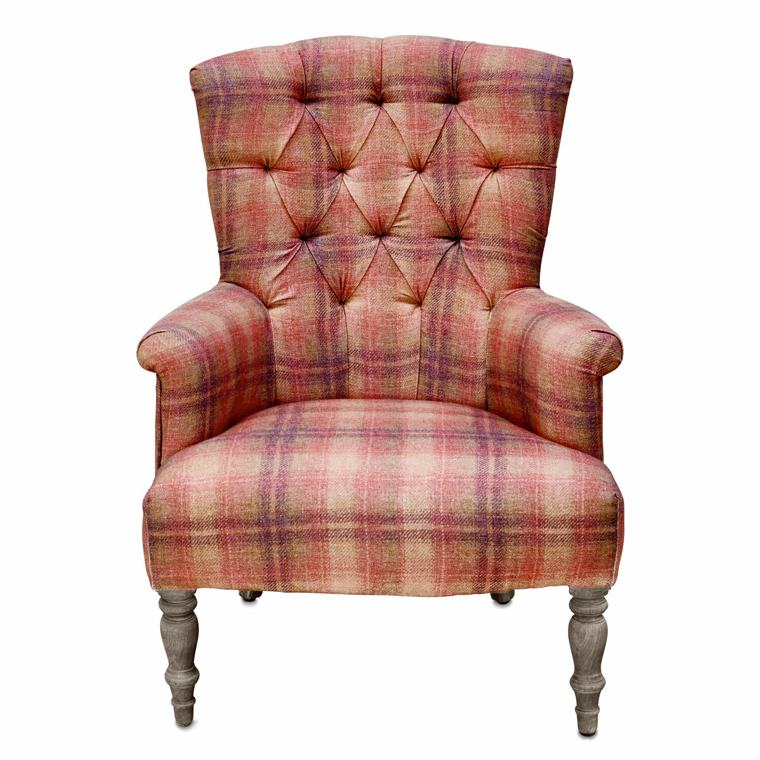Bunter Hinsdale Sessel aus kariertem Stoff mit gedrechselten Holzbeinen, bequemer Wohnzimmersessel