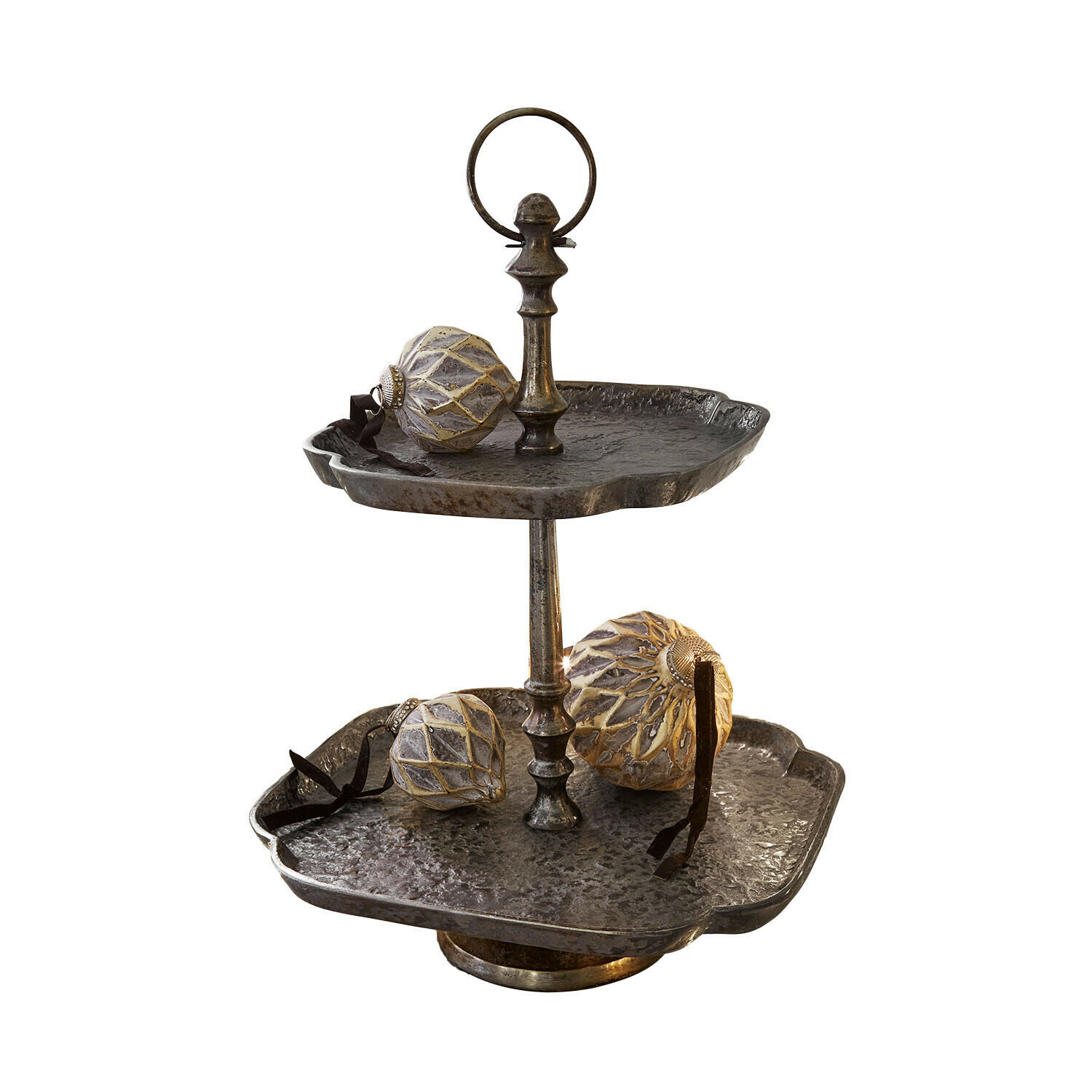 Etagere Lazmina Zweistöckige Metall-Etagere in antik-silberner Optik mit dekorativen Kugeln, stilvolles Tischaccessoire
