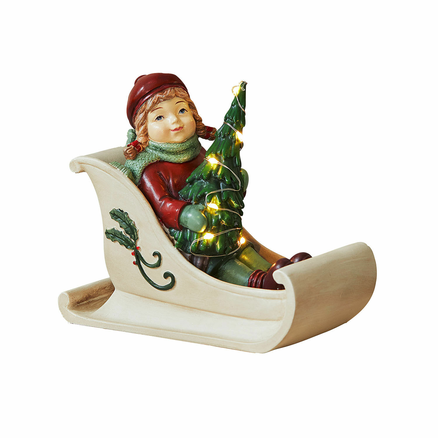 LED-Figur Soriala Figur eines Kindes in roter Kleidung auf beigem Schlitten mit grünem Weihnachtsbaum und LED-Lichterkette