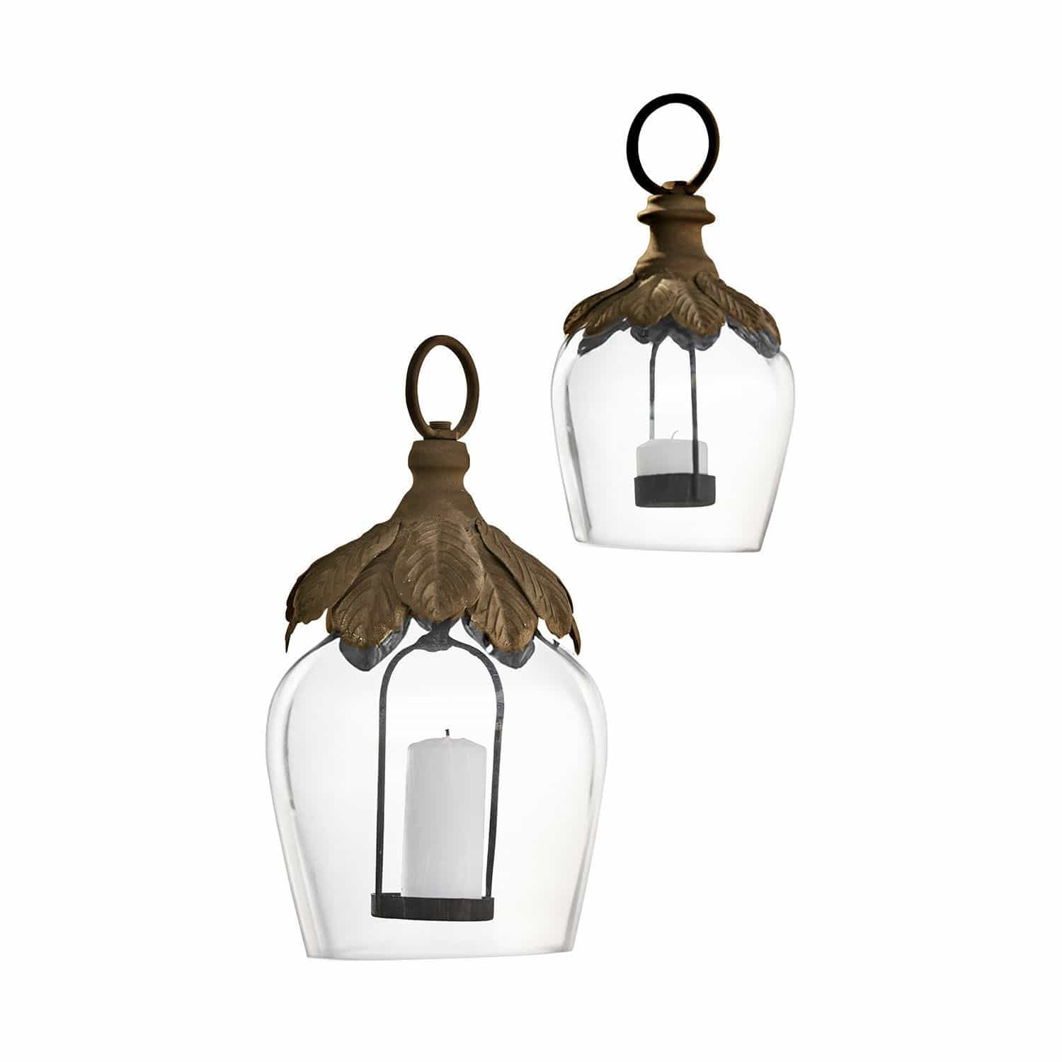 Hängelaterne 2er Set Tourillan Glaslaterne mit weißer Kerze und messingfarbenem Blätterkranz, dekorativer Wohn- und Gartenschmuck