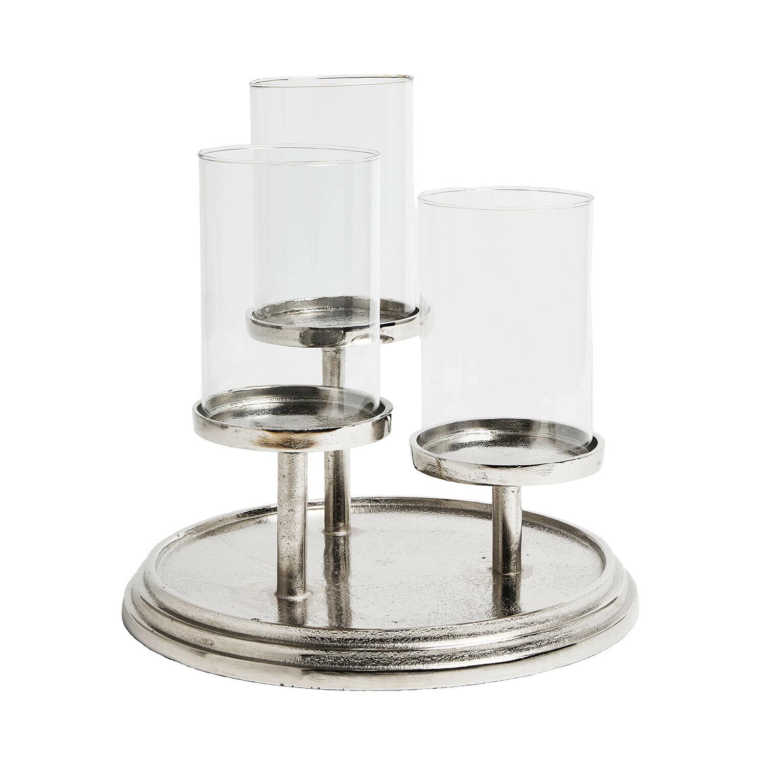 Metall-Kerzenhalter mit drei transparenten Glasaufsätzen in Silber für stilvolle Wohnraumdekoration