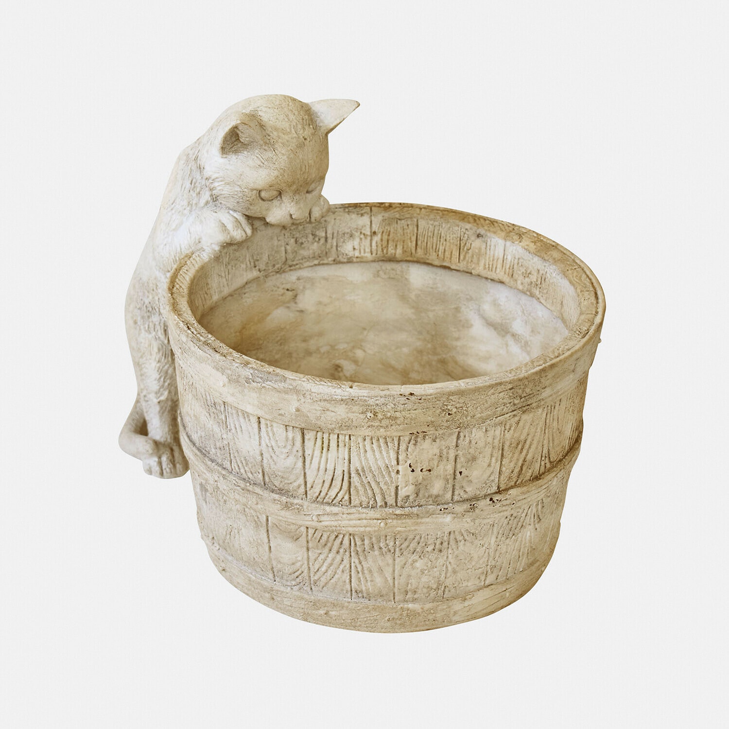 Beige Steintopf mit Katze-Figur am Rand, dekorative Gartendekoration aus robustem Material