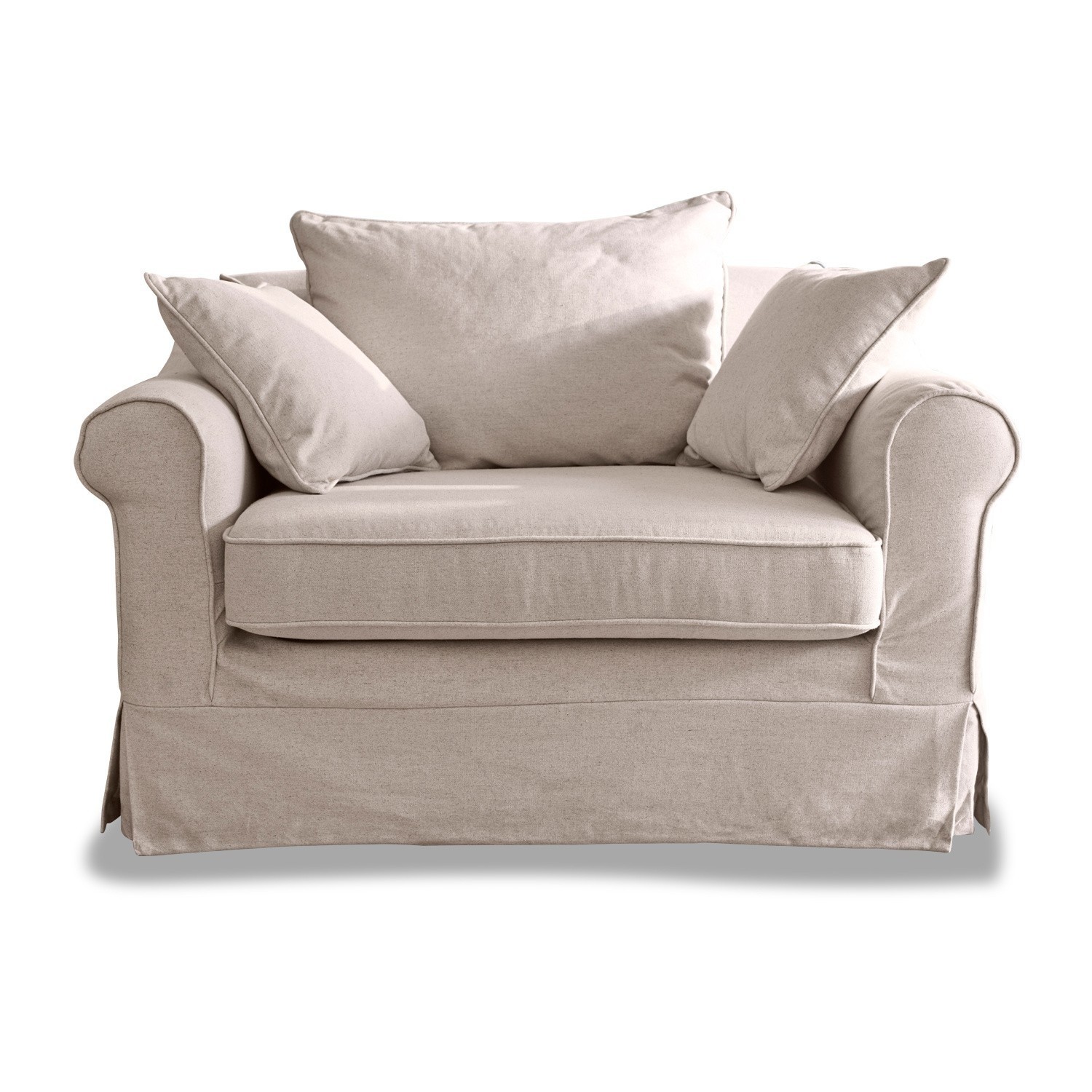 Sessel Folsom Zweisitziges Sofa aus beigem Stoff mit Kissen, bequem für Wohnzimmer und Entspannung