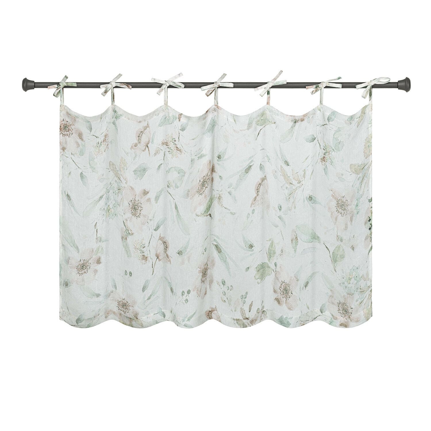 Leinenvorhang mit hellem Blumenmuster und Bindebändern, dekorativer Fensterschmuck