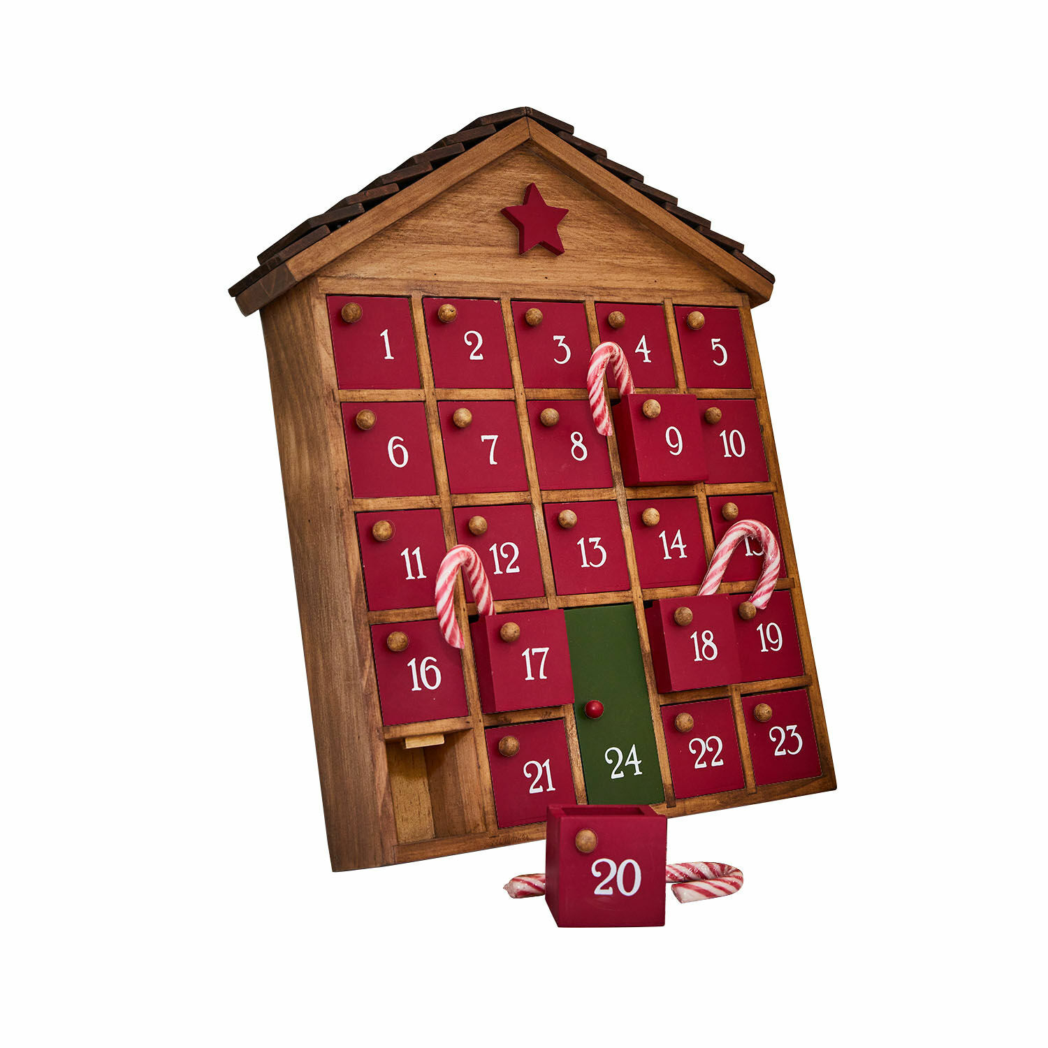 Adventskalender Zanari Holz-Adventskalender in Hausform mit roten Türen und grünem Türchen Nummer 24