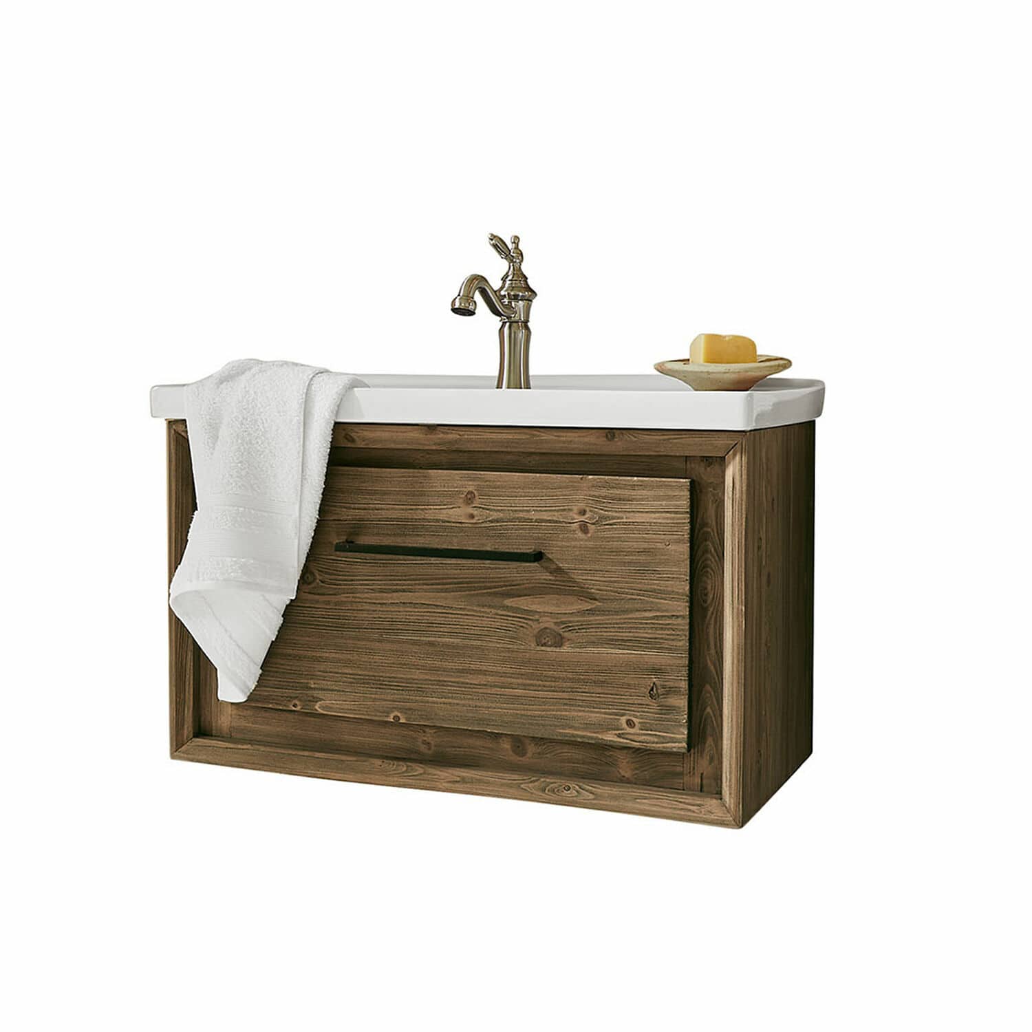 Waschtisch Greenhaven Holz-Badezimmerschrank mit weißem Keramikwaschbecken, Metallarmatur, Handtuch und Seife