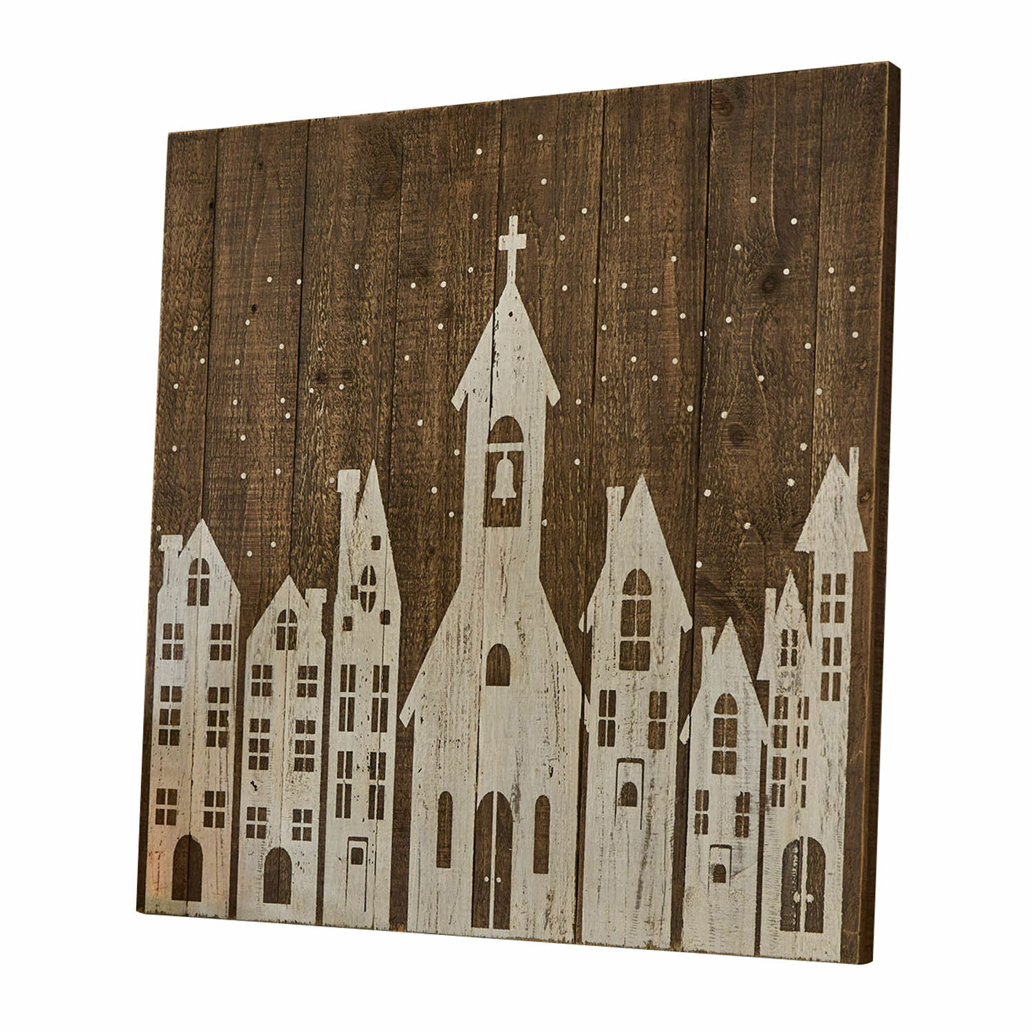 Dekoboard Luce Holz-Wanddeko mit weißem Motiv von Häusern und Kirche auf dunklem Hintergrund, Weihnachtsdeko