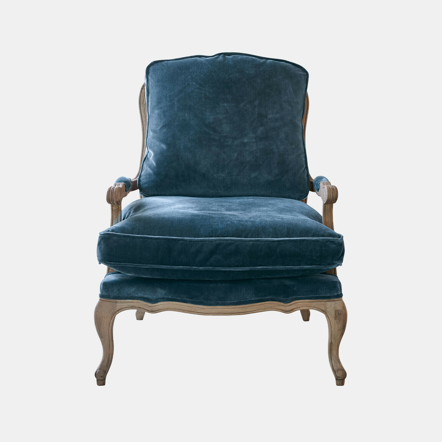 blau/braun Sessel Corlay mit blauem Samtbezug und braunem Holzrahmen im klassischen Stil
