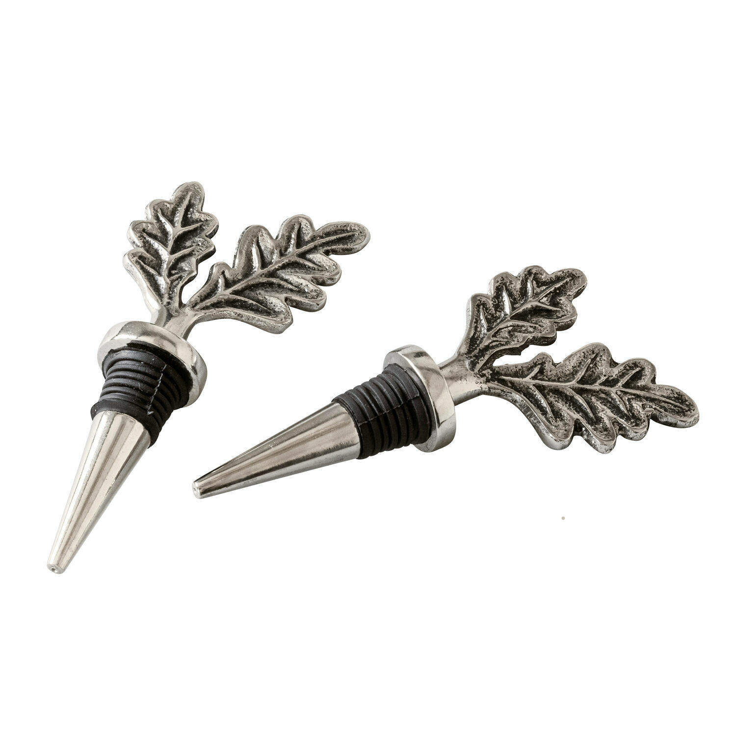 Flaschenverschluss 2er Set Vibius Set aus zwei silberfarbenen Metall-Flaschenverschlüssen mit Eichenblatt-Dekor