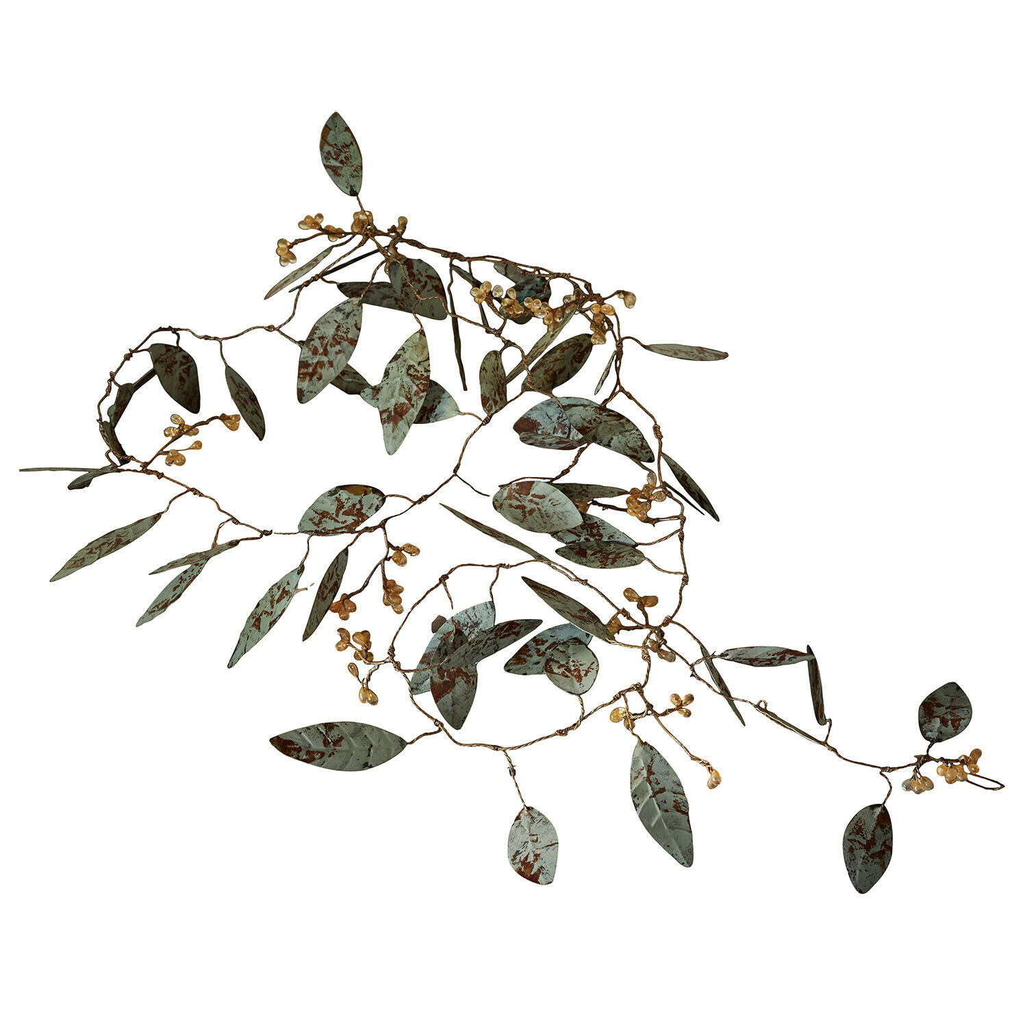 Dekorativer Metallzweig mit grünen Blättern und goldenen Beeren für Wohnraumgestaltung