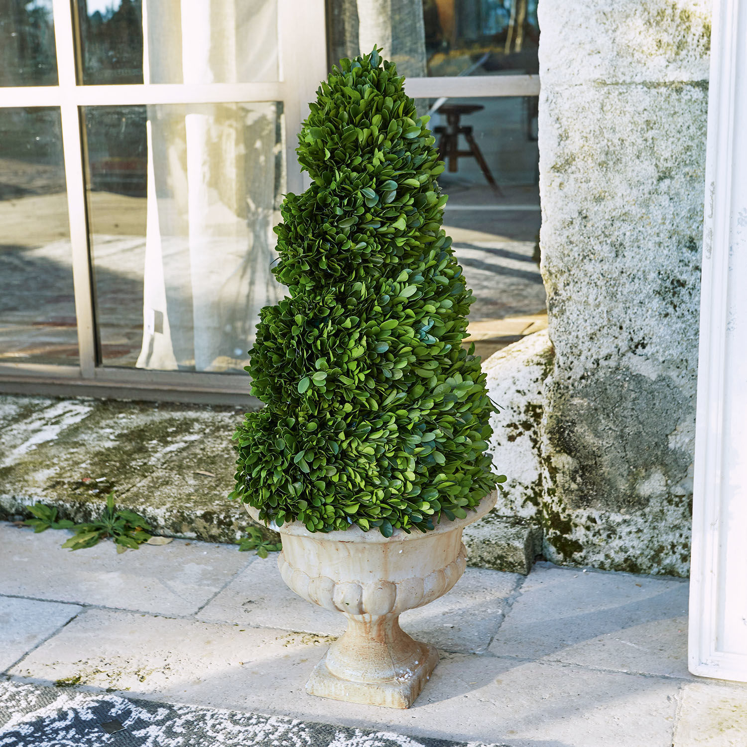 Deko-Baum Humbria Grüner künstlicher Buchsbaum in cremefarbener Keramikvase auf Terrasse, Gartendekor