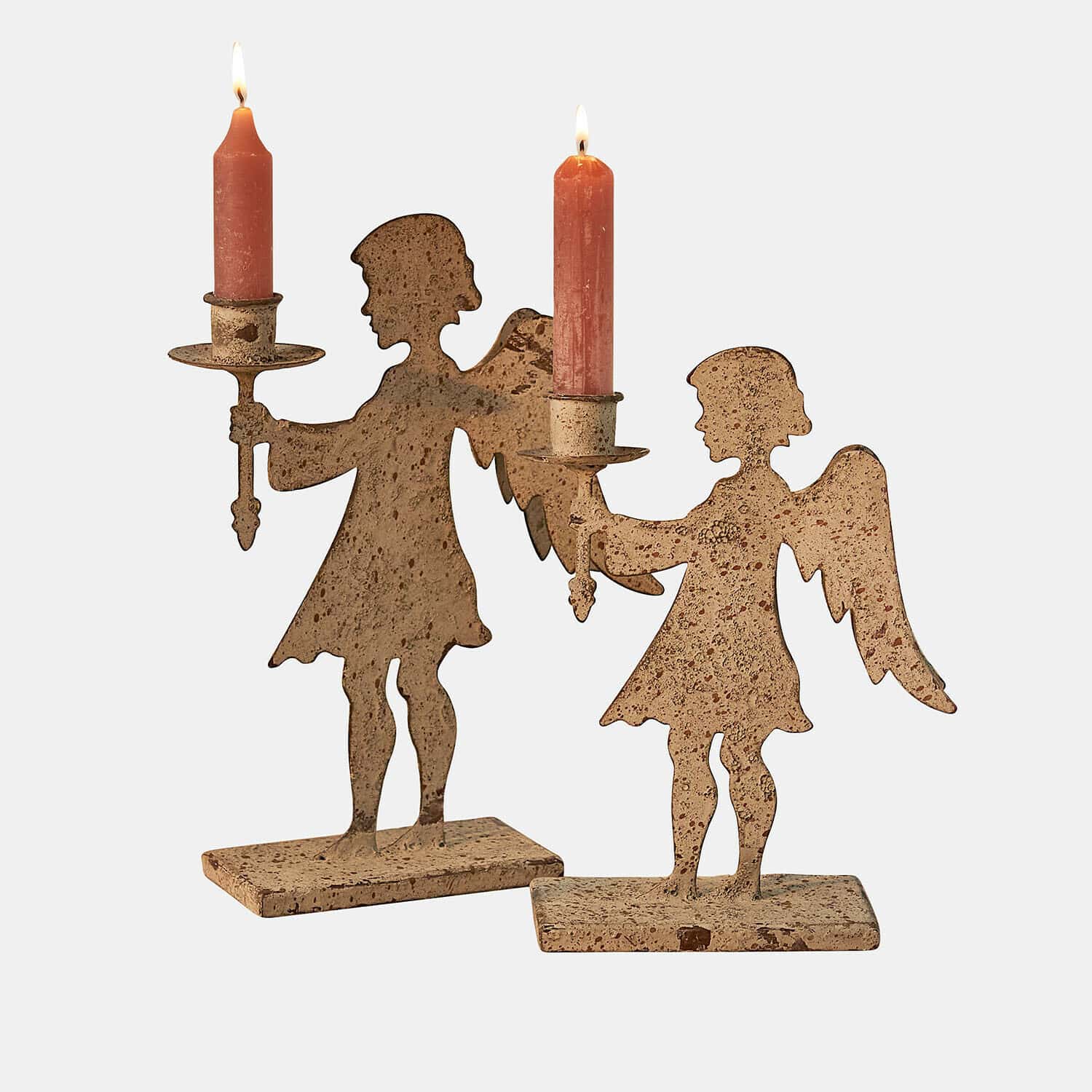 Kerzenständer 2er Set Zarnay Metall-Kerzenhalter in Engel-Form mit beige antiker Patina und roten Kerzen als Dekoration