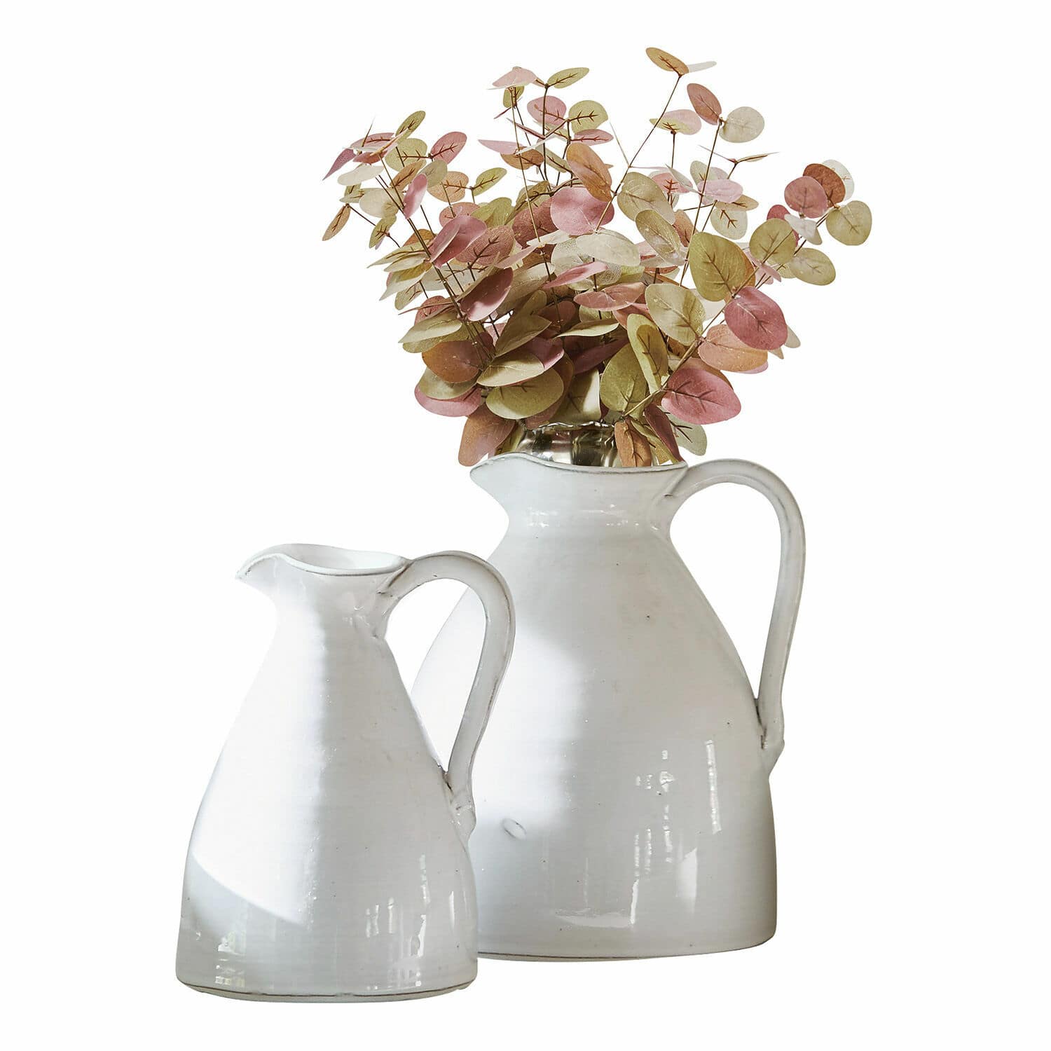 Vase 2er Set Yarick Set aus zwei weißen Keramik-Krügen mit rosa-grünem Laub, rustikaler Dekorationsstil