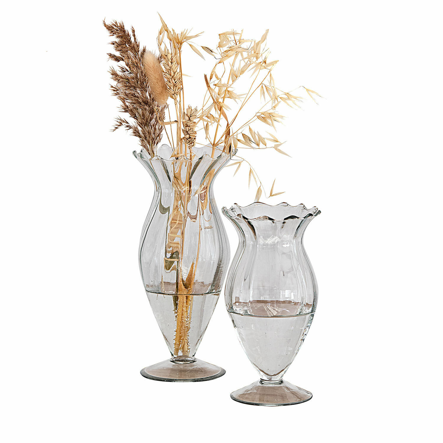 Vase 2er Set Deniélou Set aus zwei transparenten Glasvasen mit welligem Rand und dekorativen Trockenpflanzen