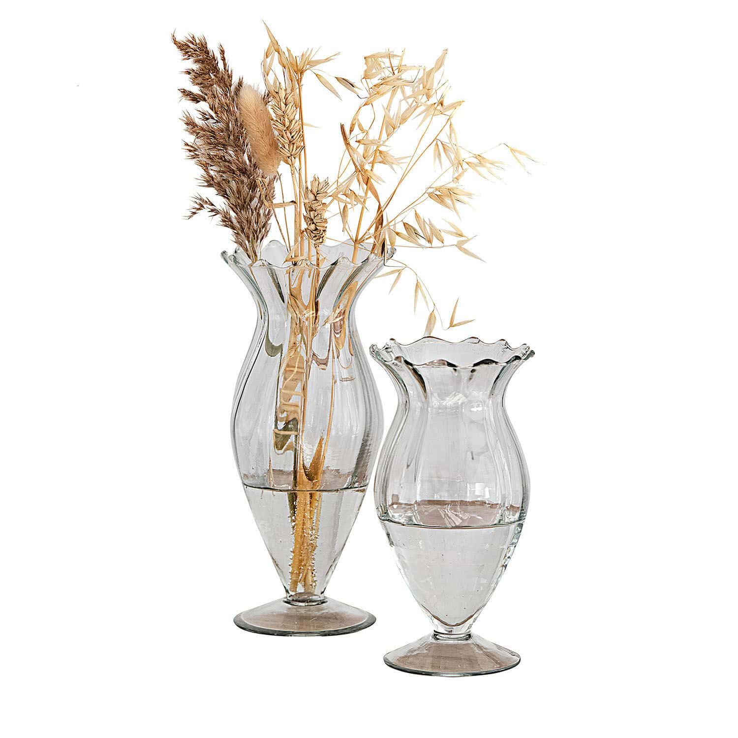 Vase 2er Set Deniélou Set aus zwei transparenten Glasvasen mit welligem Rand und dekorativen Trockenpflanzen