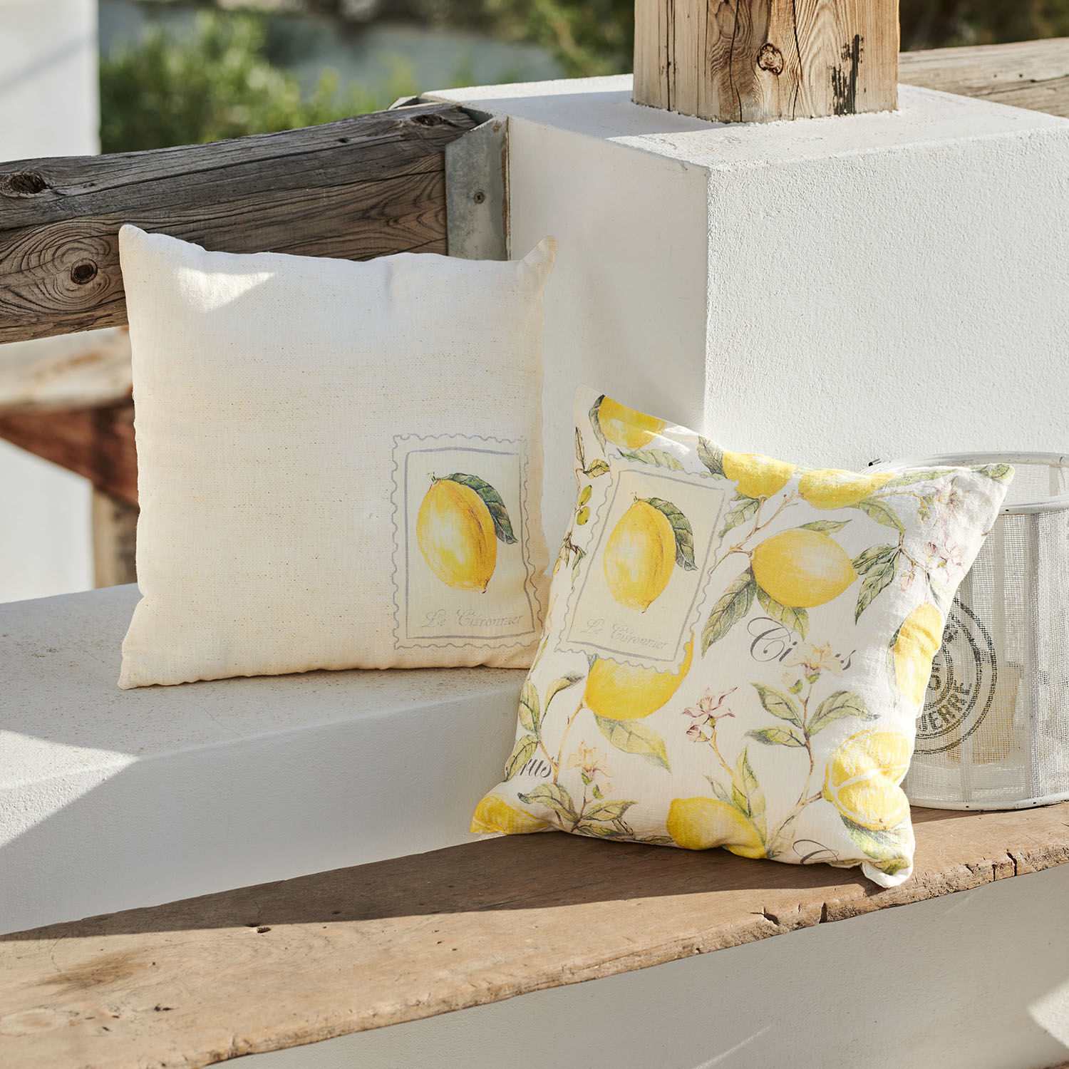 Kissenhülle 2er Set Lantagenet Dekorative Baumwollkissen in Creme mit Zitronenmotiv für Wohn- und Gartenbereich